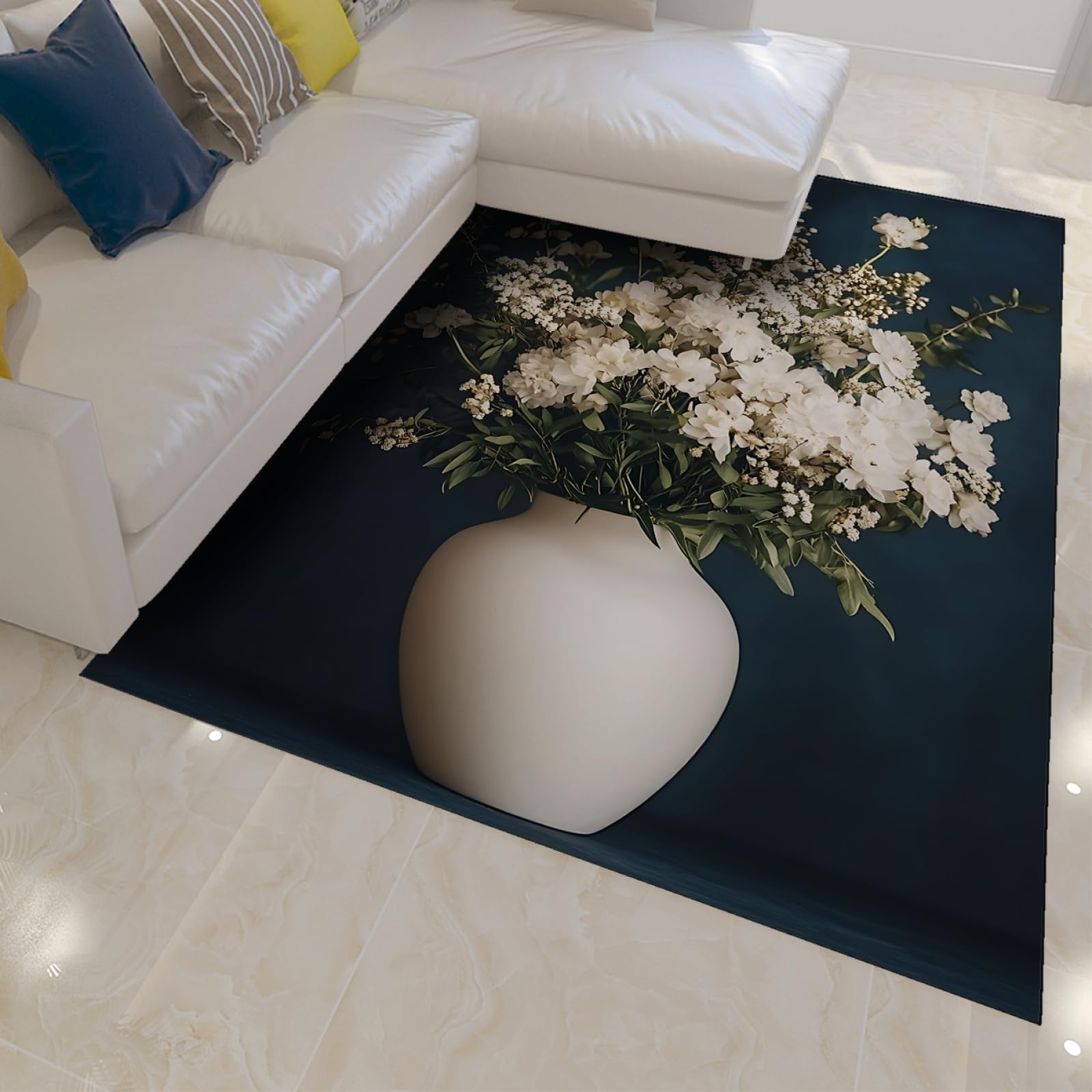 Tapis fleurs blanches 180x210 cm anti-poussière à poils ras pour bureau et salle à manger