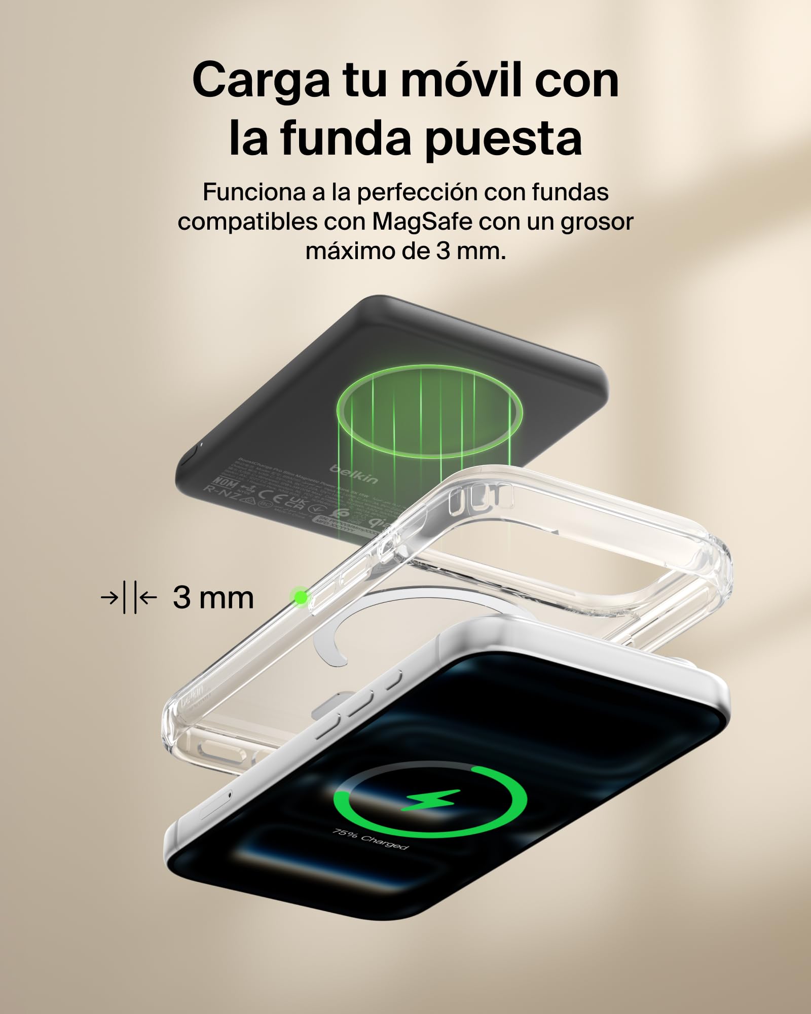 Belkin BoostCharge Batería Externa Magnética Delgada 5000 mAh Soporte Negro | Power Bank Qi2 de 5000 mAh, Anillo Magnético, 1 Puerto USB-C, Cable Incluido, Apta como Equipaje de Mano, Batería Portátil