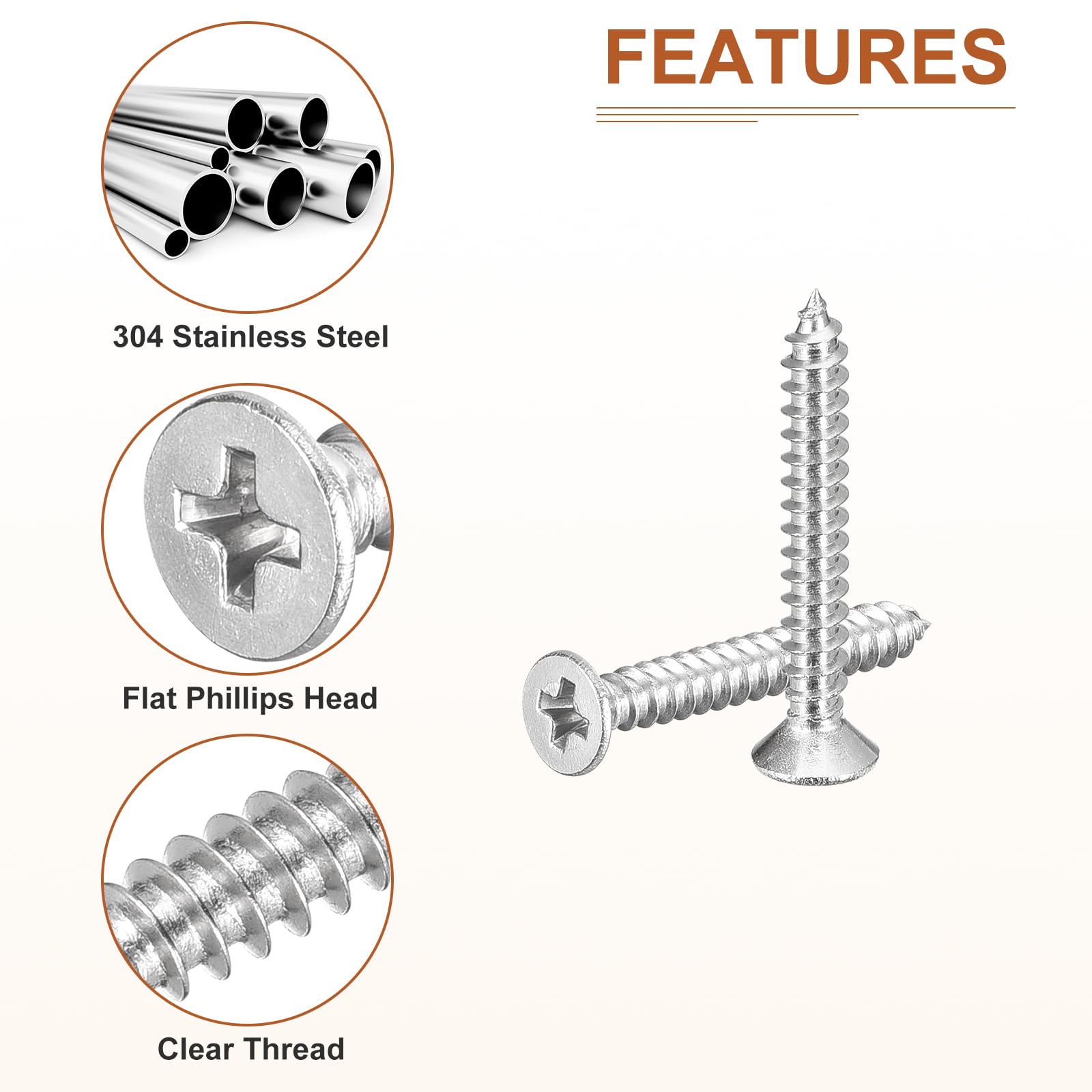 DTGN 100Pcs #4x7/8" Flat Head Wood Screws, 304 Stainless Steel Phillips Self Tapping Screws - Good for Woodworking Furniture - Silver - Image 4