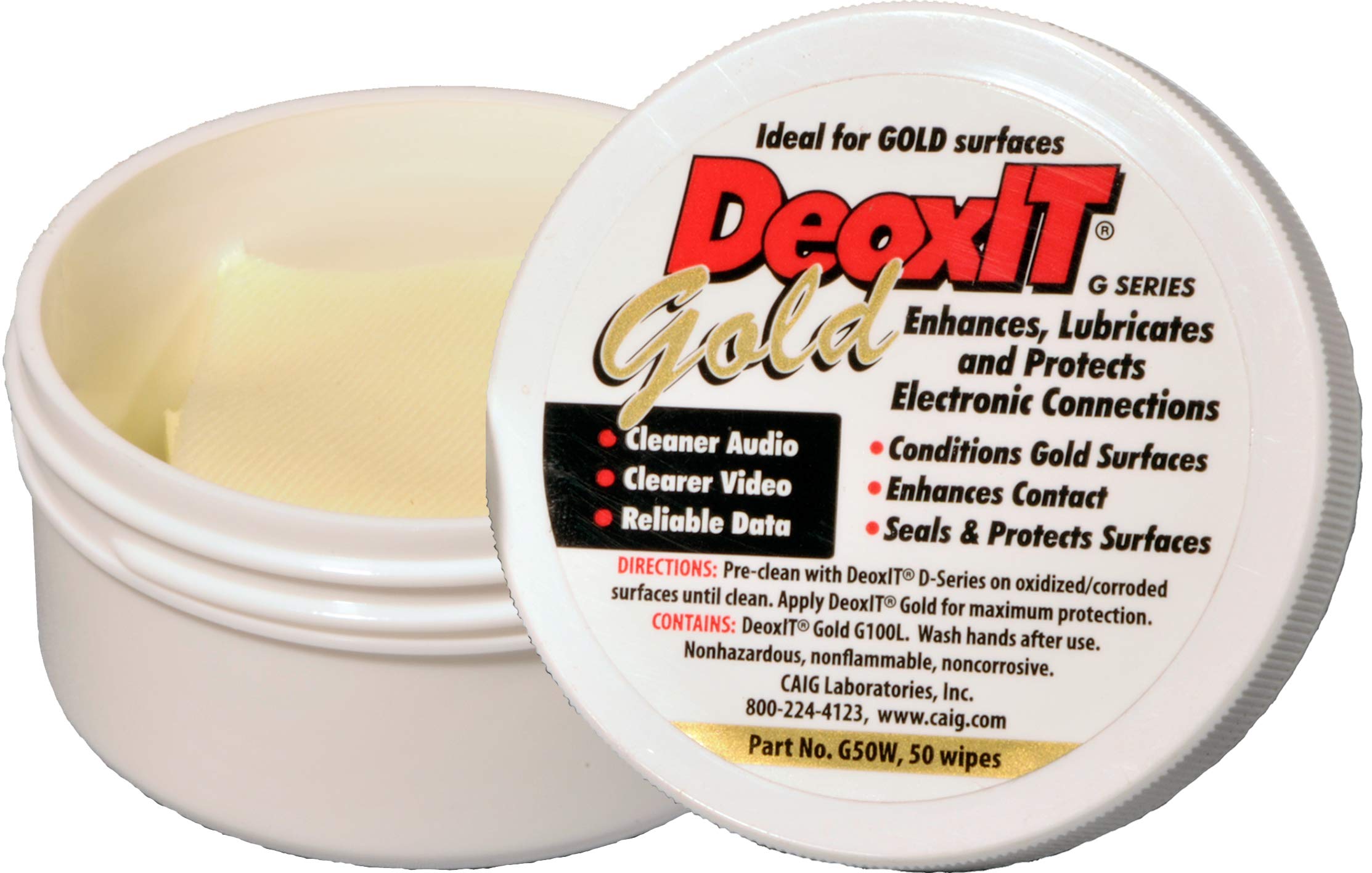 CAIG Laboratories DeoxIT Gold G50W Wipes, Contact Cleaner/Enhancer/Protector for Gold Surfaces, 1.75 x 1.75, 50 Each, Pack of 1