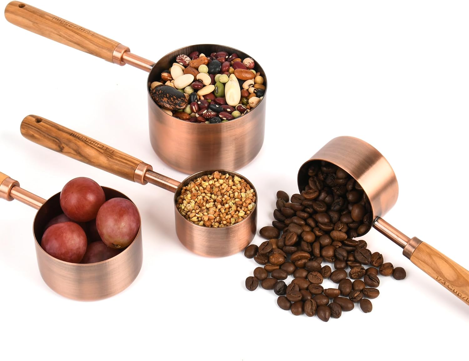 Copper Measuring Cups and Spoons Set 8 with Quality Wood Handle, Stainless Steel Measuring Cup & Spoon with Measure Equivalents for Kitchen and Baking, with 1/4, 1/3, 1/2 & 1 Cup