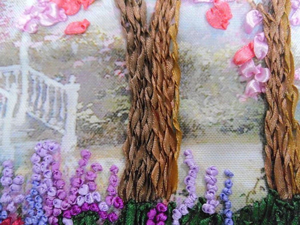 Aureate Handmade Ribbon Embroidery Kits Canvas 3D Wall Art Home Decoration DIY Needlepoint Tapestry Hanging Gift Floral Cherry Blossom 18"×26"