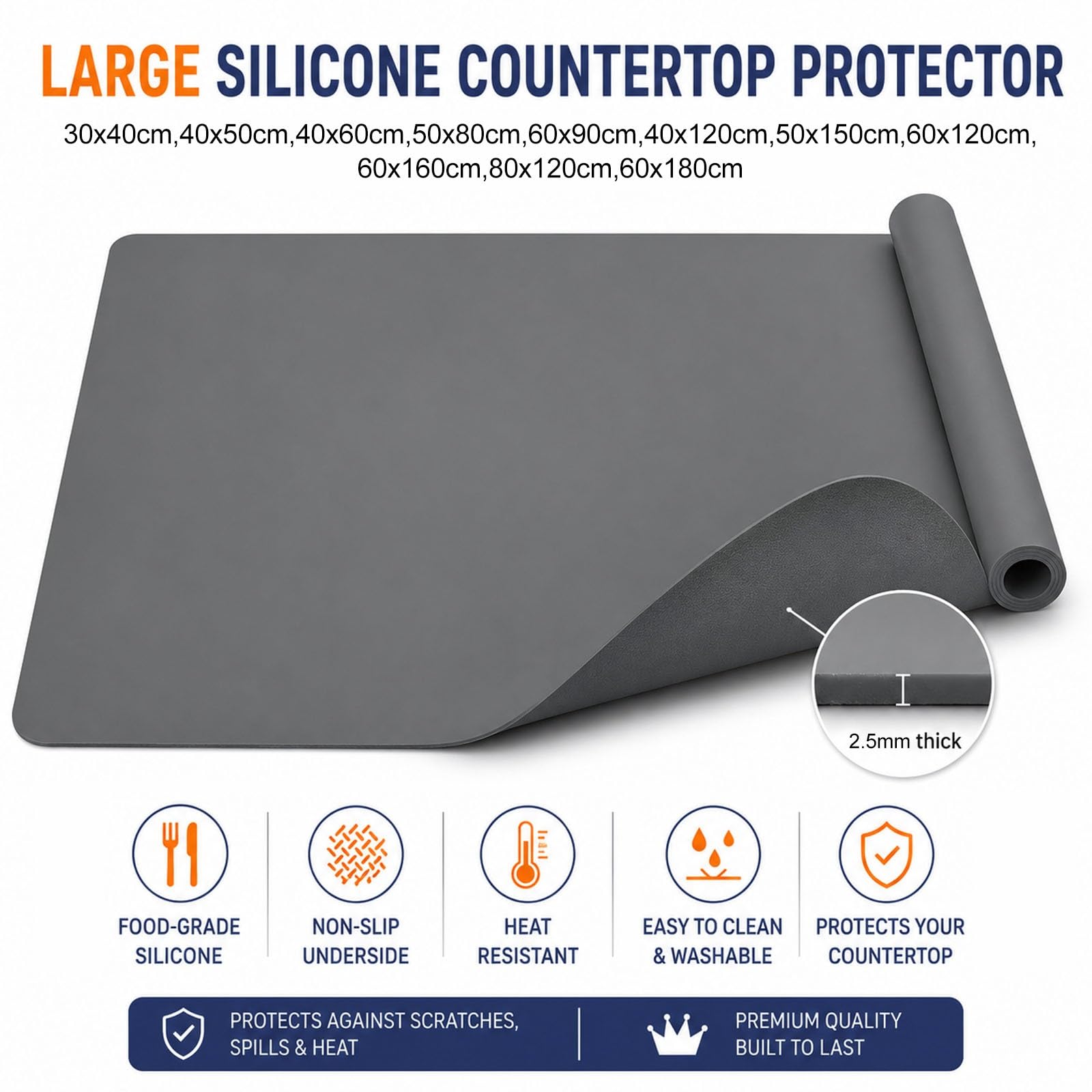 Tappetino Antiscivolo Da Cucina Resistente Al Calore, Spessore 2,5 Mm | Tappetino Da Banco Extra Large, Impermeabile, Multiuso, Facile Da Pulire(Gray,60x120cm)