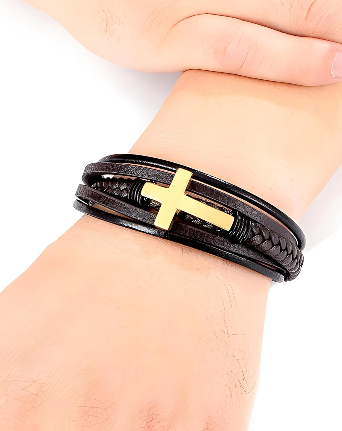 Cross Leather Bracelet for Men, Multi-Layer Braided Mens Religious Cuff Bracelets with Stainless Steel Clasp Anniversary Father's Day Birthday Christmas Jewelry Gifts for Him - Image 3