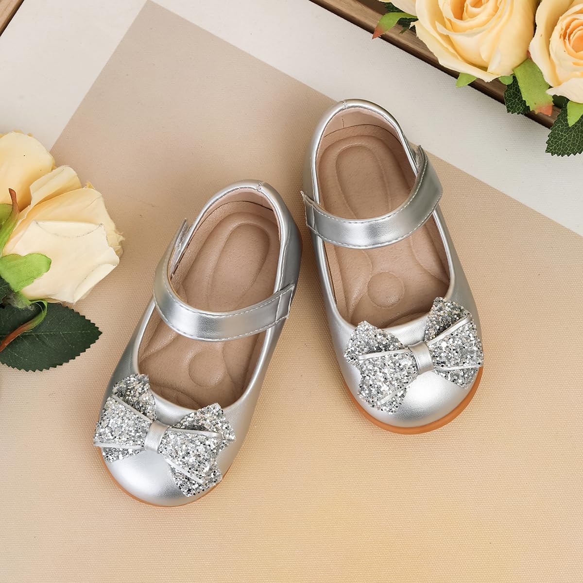 Girls Mary Jane Shoes Glitter Bow Dress Flats Toddler Wedding Party Shoes