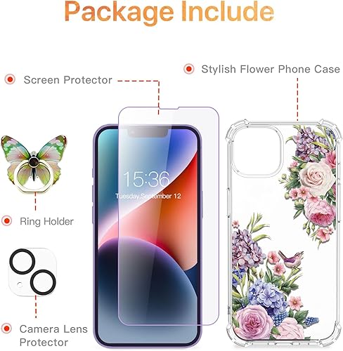 Miniatura 2 de ROSEPARROT Funda diseñada para iPhone 14 con protector de pantalla de vidrio templado + protector de lente de cámara, transparente con diseño de