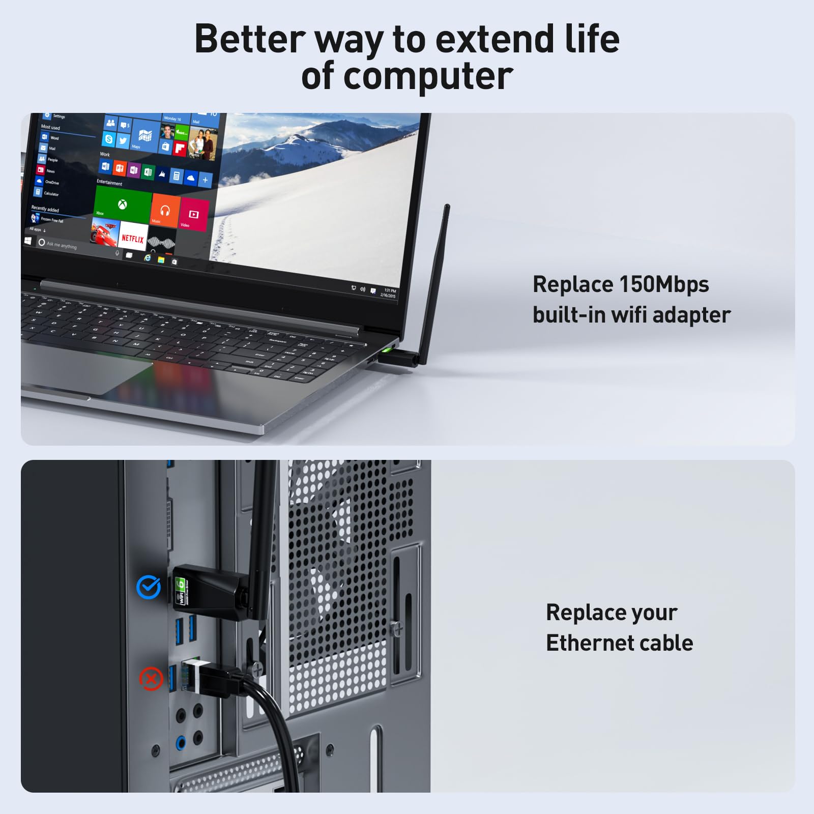 Adaptador WiFi USB para PC de escritorio, AX600 USB WiFi 6 adaptador con doble banda de 5 GHz/2.4 GHz, controlador integrado para Windows 10/11 (AX600-H)