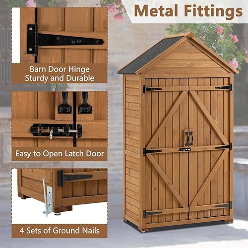 Miniatura 2 de Armario de almacenamiento de madera para exteriores, cobertizo de almacenamiento con 3 estantes desmontables, cobertizo de jardín de madera con