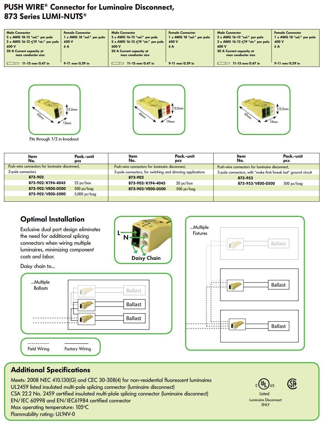 873-902 | WAGO Luminaire Disconnect Connector | 2-Pole Connector | Yellow | [Box of 25 Pieces]