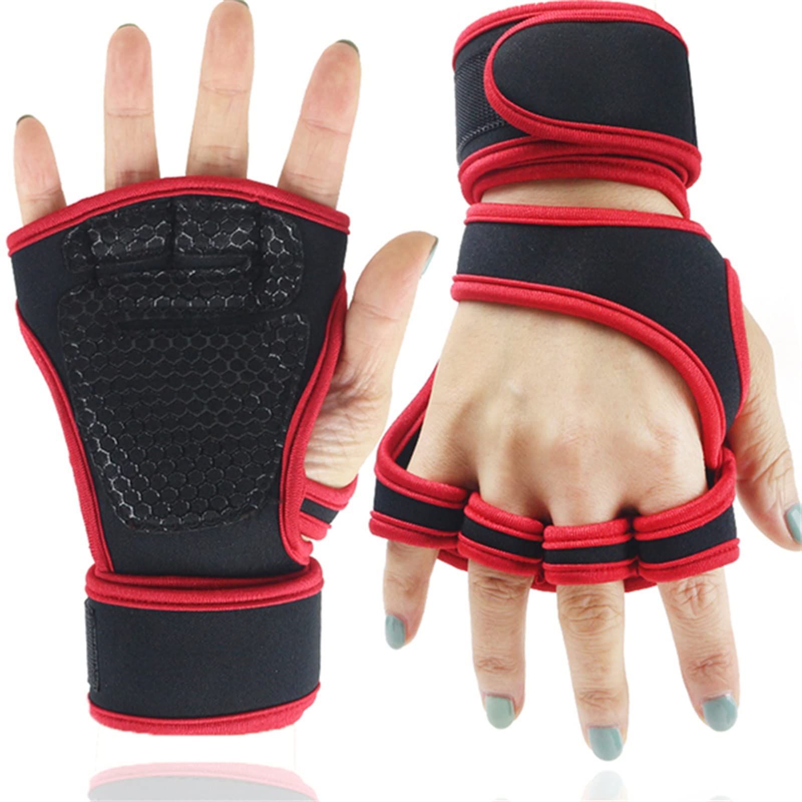 Guanti Antiscivolo per la Palestra Guanti da Ginnastica Professionali, Guanti a Mezze Dita(Red,M)