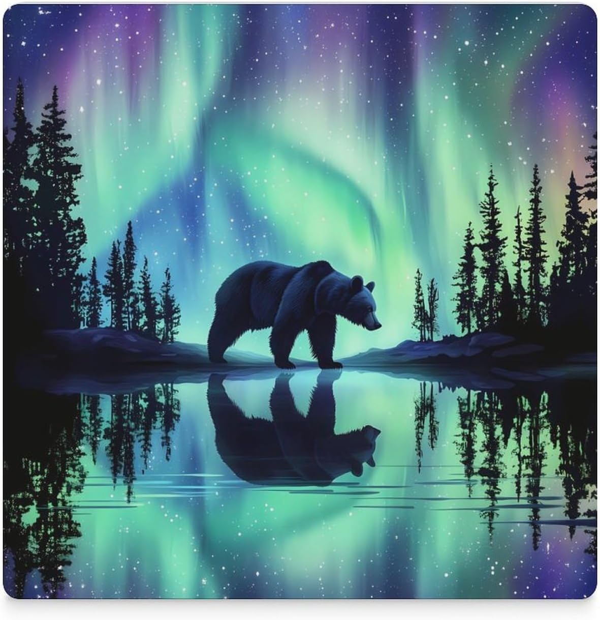 Bear Northern Lights Print Ceramic Coasters Set Square Drink Coasters Table Coaster for Kitchen Desktop Decor