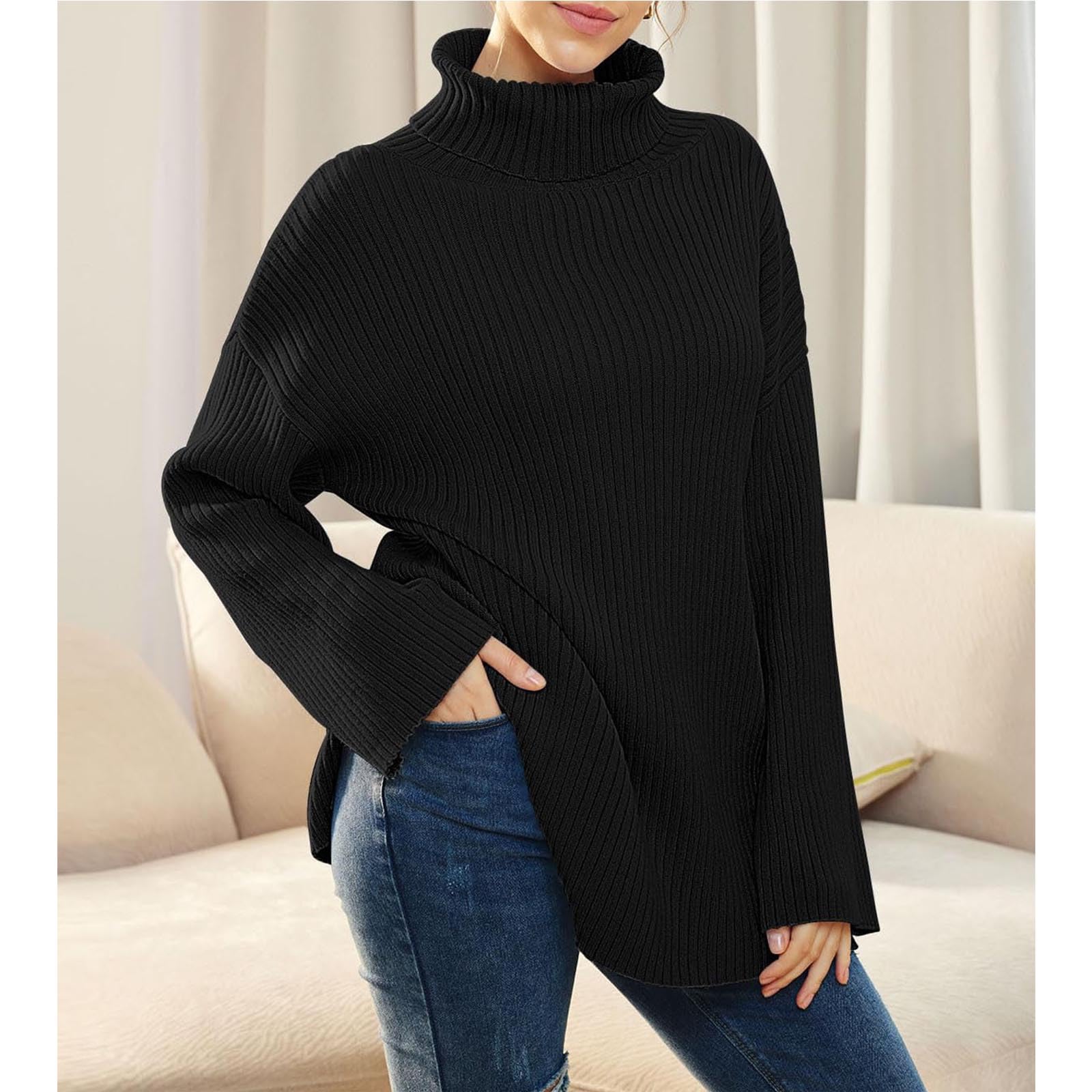 Greabuy Maglione a collo alto oversize alla moda da donna maglione a costine felpa per donna maglione casual camicie da donna maglioni da donna felpe leggere in maglia, Nero , XXL