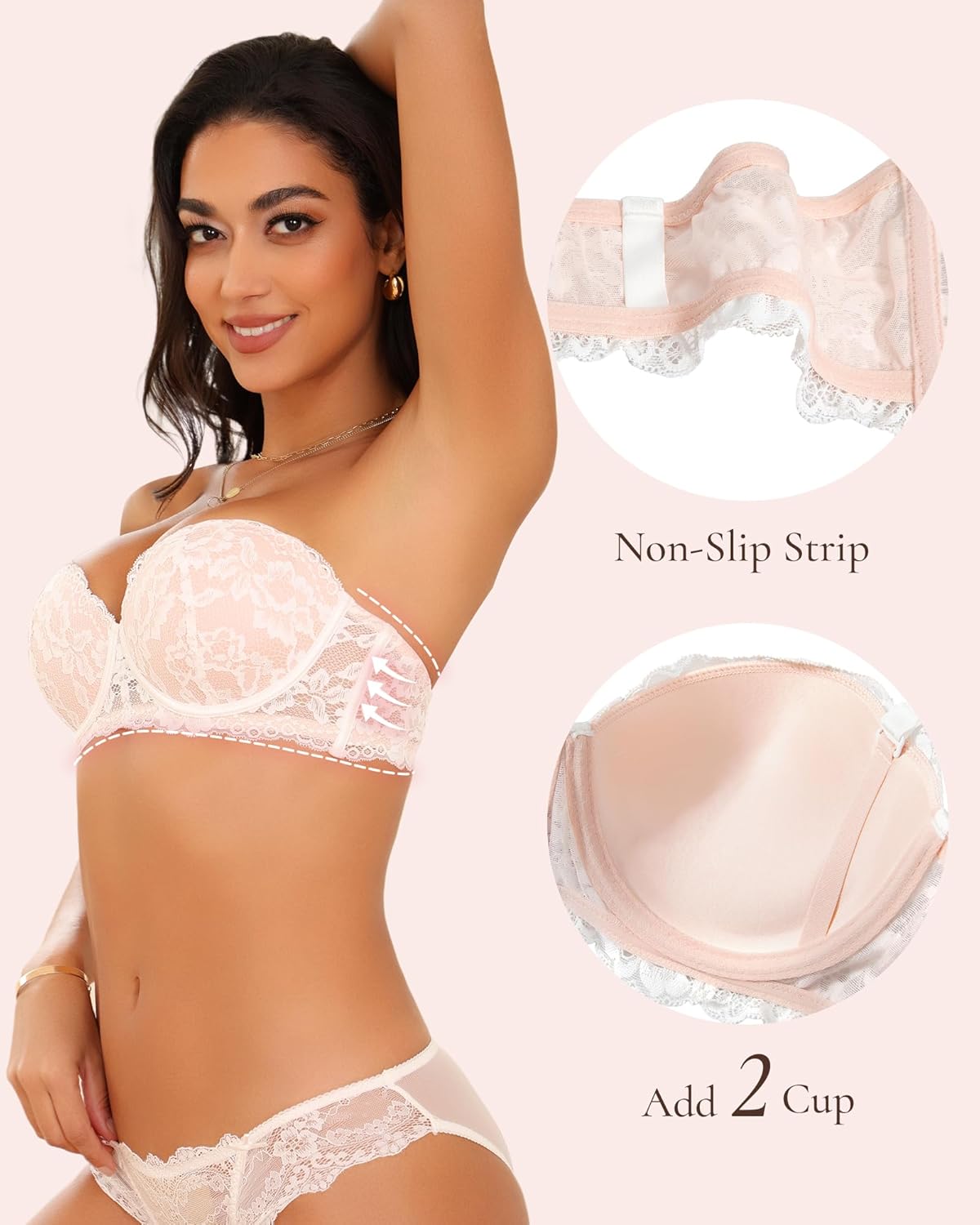 Strapless Bra Push Up Lace Padded Convertible Multiway Underwire Bras Add 1 Cup - Image 3