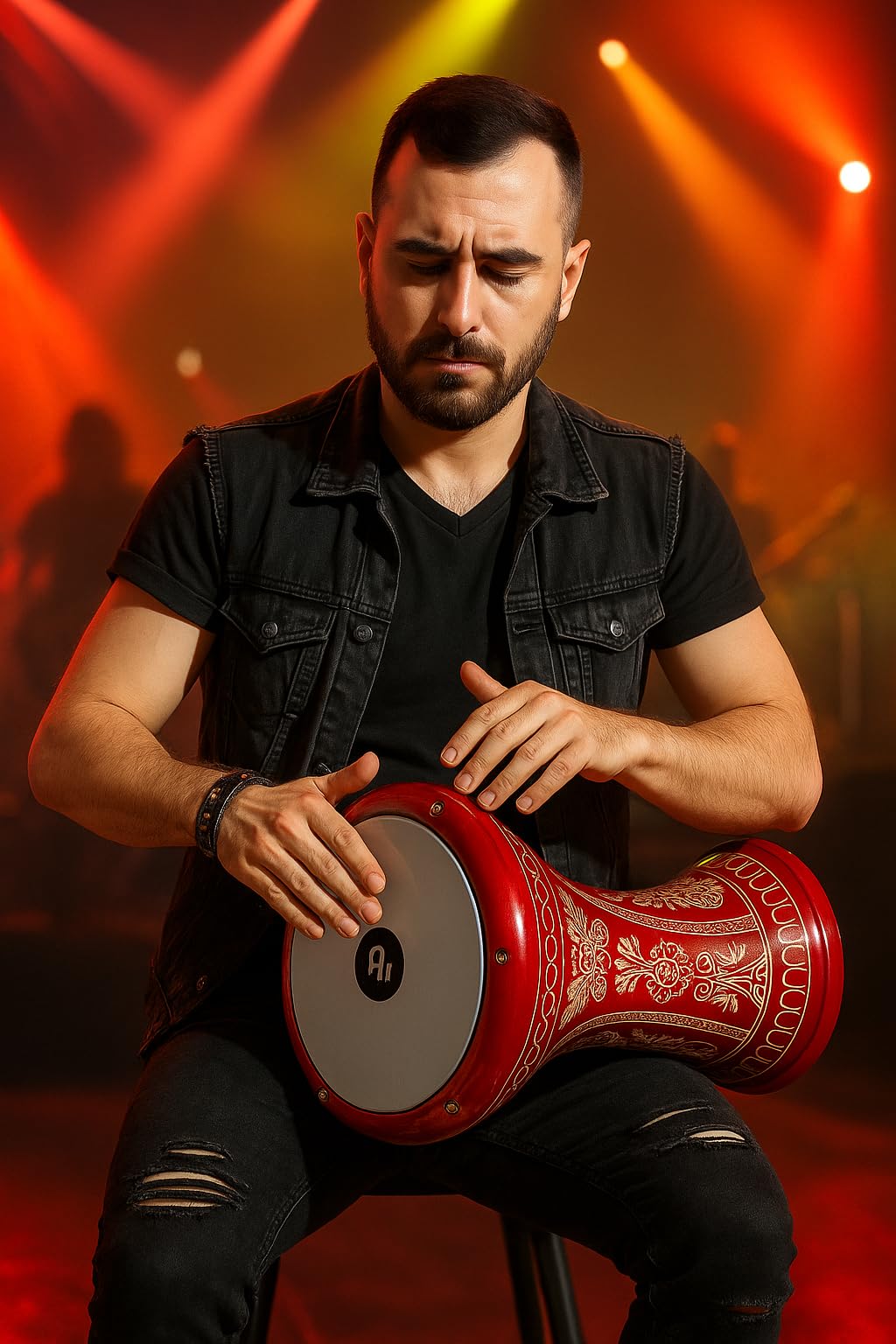 Darbuka Doumbek turco de aluminio fundido, rojo con patrón decorativo, cabeza de 8.5 pulgadas, lengüetas de afinación, cabeza extraíble, funda de transporte y llave de ajuste incluida