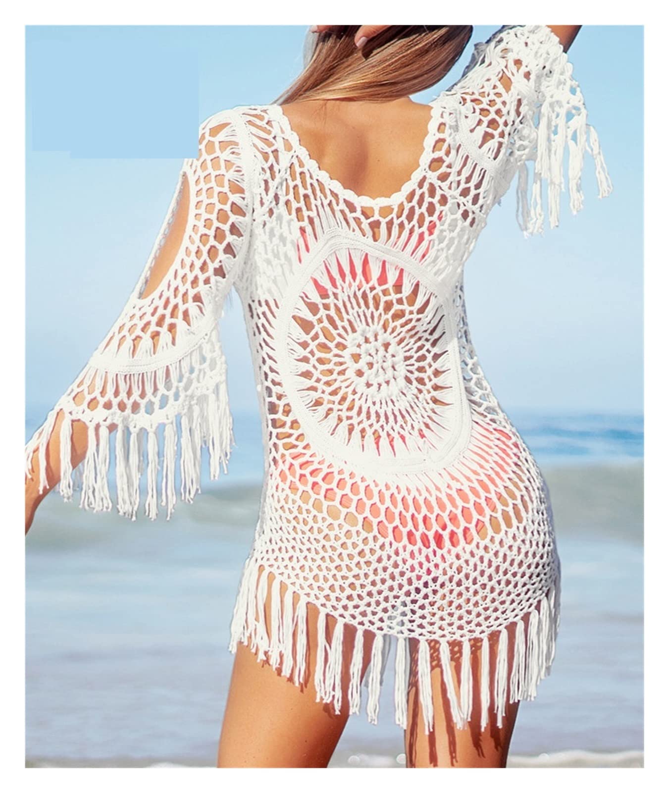 Paréo Bikini Blanc Couvrir avec Bordure à Franges Femmes Sexy Tunique Creuse Robe de Plage été Maillot Bain vêtements pour Piscine