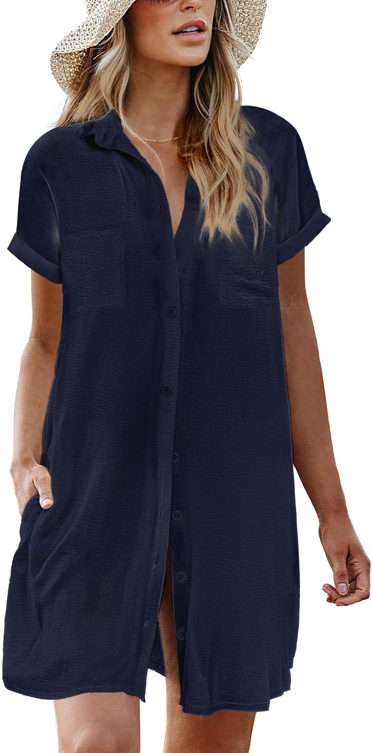 AI'MAGE Womens Bathing Suit Cover Ups Summer Shirt Dress Casual Short Sleeve Button Down Beach Shirts with Pockets S-XXL