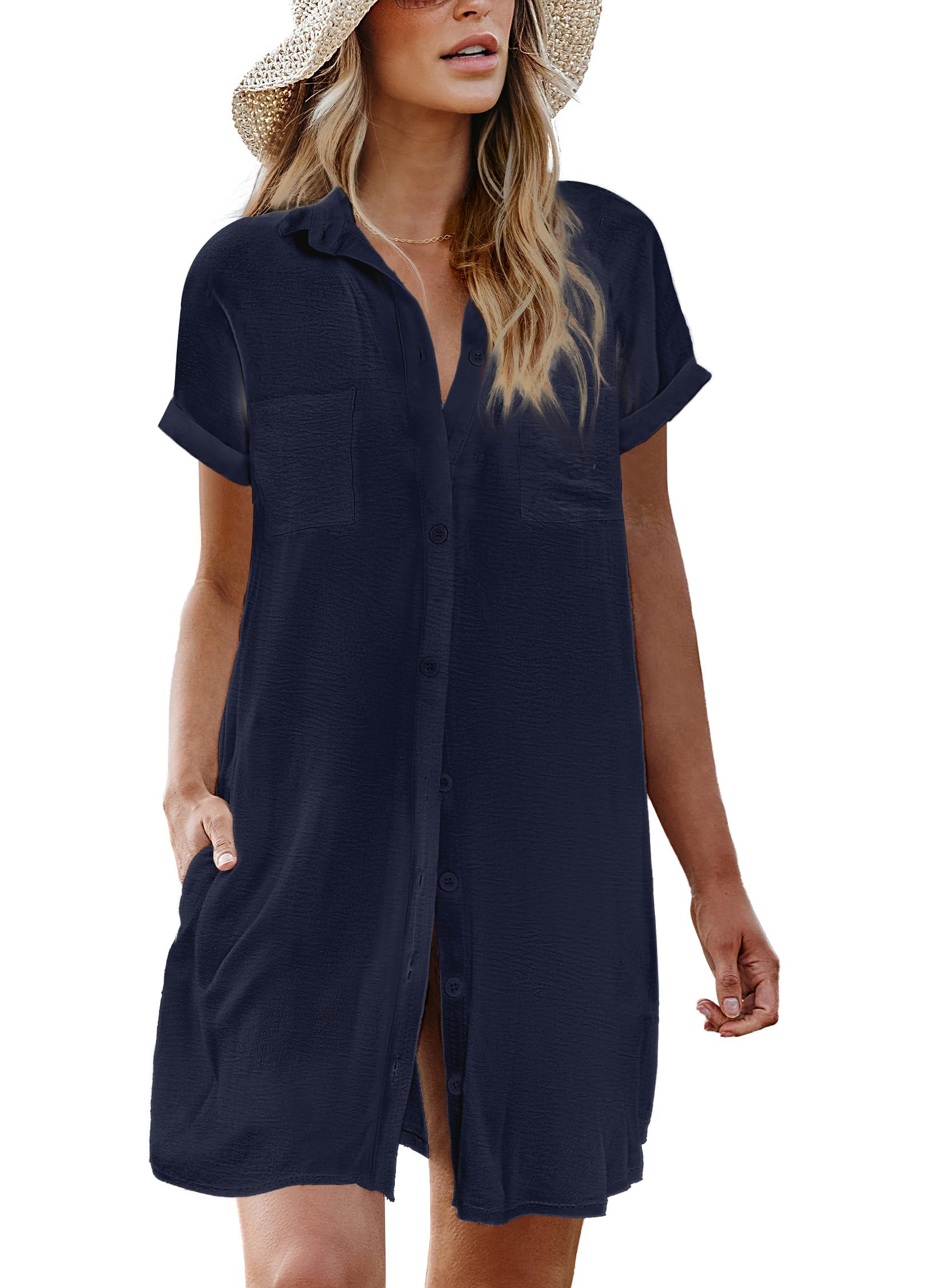 AIMAGE Womens Bathing Suit Cover Ups Summer Shirt Dress Casual Short Sleeve Button Down Beach Shirts with Pockets