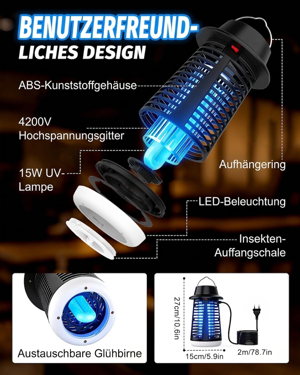 Insektenvernichter Elektrisch, Mückenfalle Elektrisch mit 360° UV-Licht, Elektrischer Insektenvernichter für Innen- und Außenbereich, Fliegenfalle gegen Mücken, Fliegen und Andere Fliegende Insekten