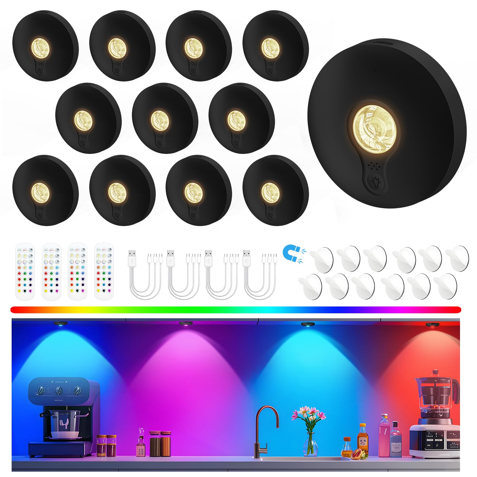 Schrankbeleuchtung Kabellos Akku USB, Unterschrank Beleuchtung Küche, Unterbauleuchte Küche LED Ohne Kabel, Vitrinenbeleuchtung Magnetisch, Puck Lights Mit Fernbedienung, Schwarz, 12 Stück,3-Farbe-RGB