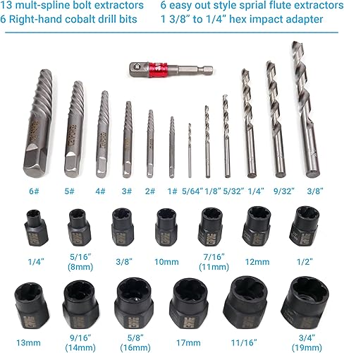 Miniatura 2 de Juego de 26 extractores de pernos de varios tamaños, extractor de tornillos en espiral, juego de extractor de pernos, con broca derecha, removedor