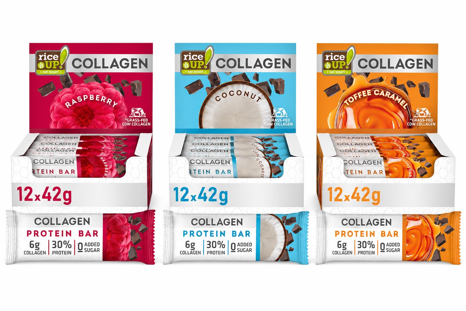 RiceUP! Barrita Proteica Colageno | Coco, Frambuesa, Toffee | 36 x 42 g