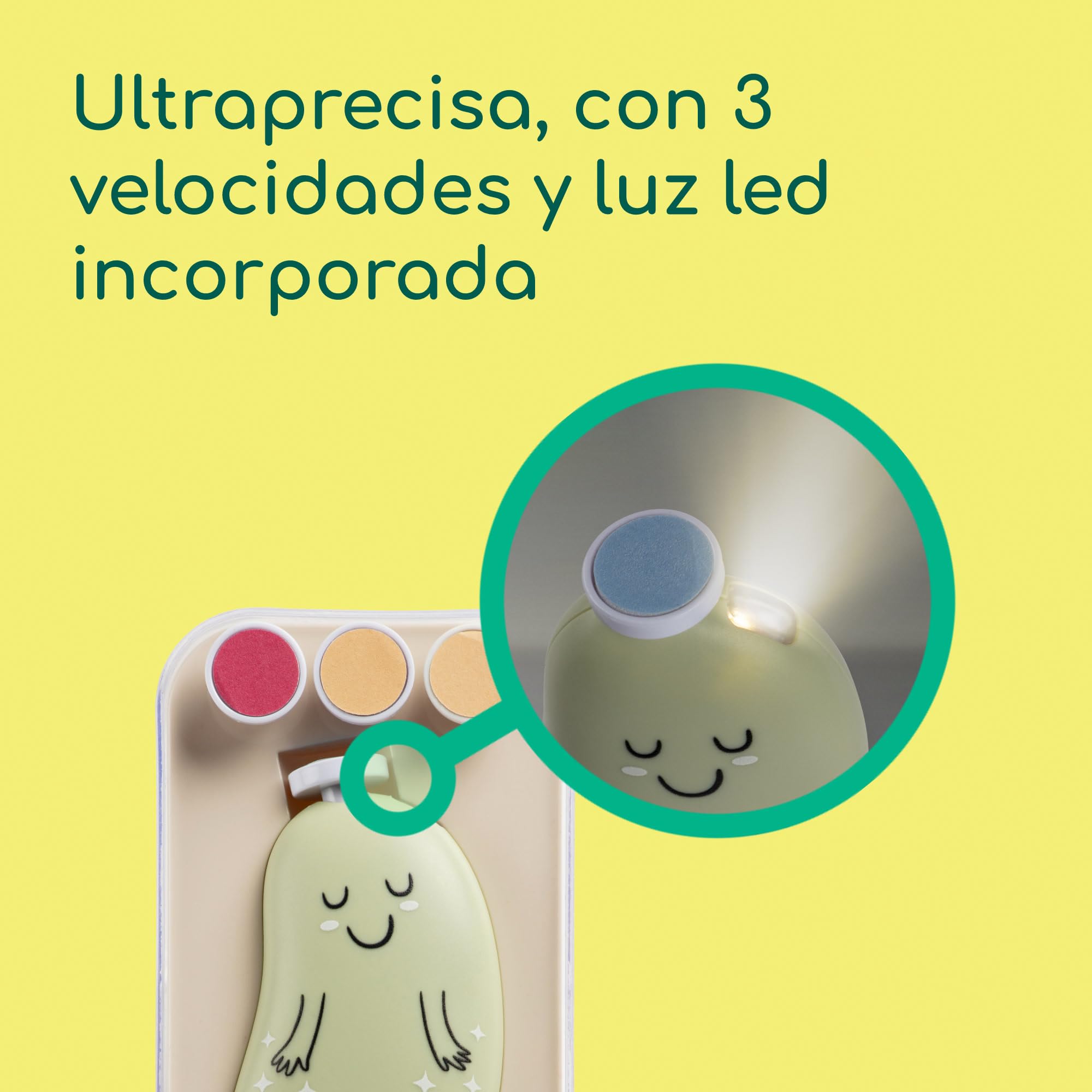 Bebeconfort Lima Electrica Uñas Bebe, Desde el Nacimiento, Para Bebés y Niños Pequeños, 7 Limas Para Uñas con Diferentes Texturas, Carga USB-C, 3 Velocidades, Luz LED, Funda de Almacenamiento, Verde