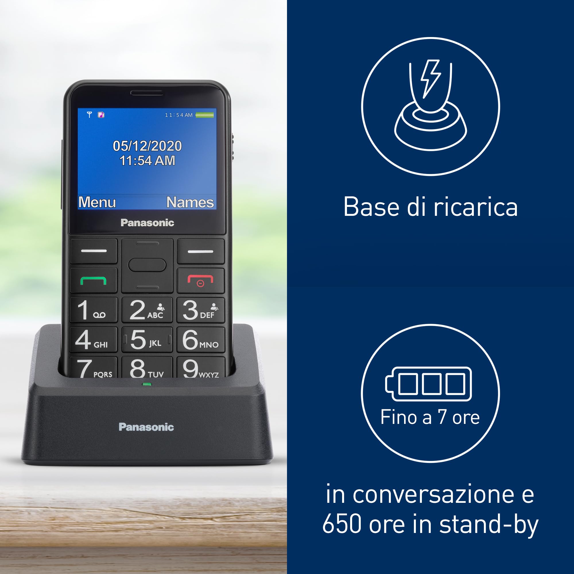 Panasonic KX-TU155EXBN Cellulare per Anziani, Pulsante SOS, Pulsanti Grandi, Compatibile Apparecchi Acustici, Bluetooth, Radio FM, Fotocamera, Base di Ricarica, Nero