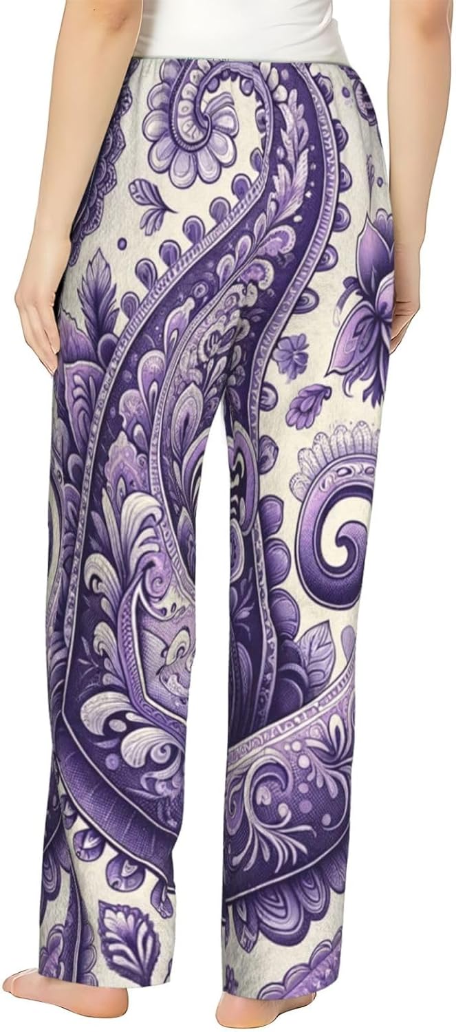 Women'S Bohemian-Paisley-Pattern Fleece Pajama Pants, Cozy Flannel Lounge Bottoms For Women