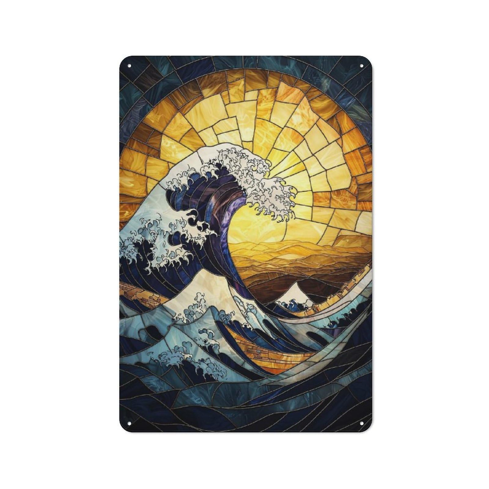 Junmoney Stained Glass Great Wave Rustic Tin Sign 30X20cm For Man Cave Or Games Room, Housewarming Present For People Styling Man Cave And Games Room