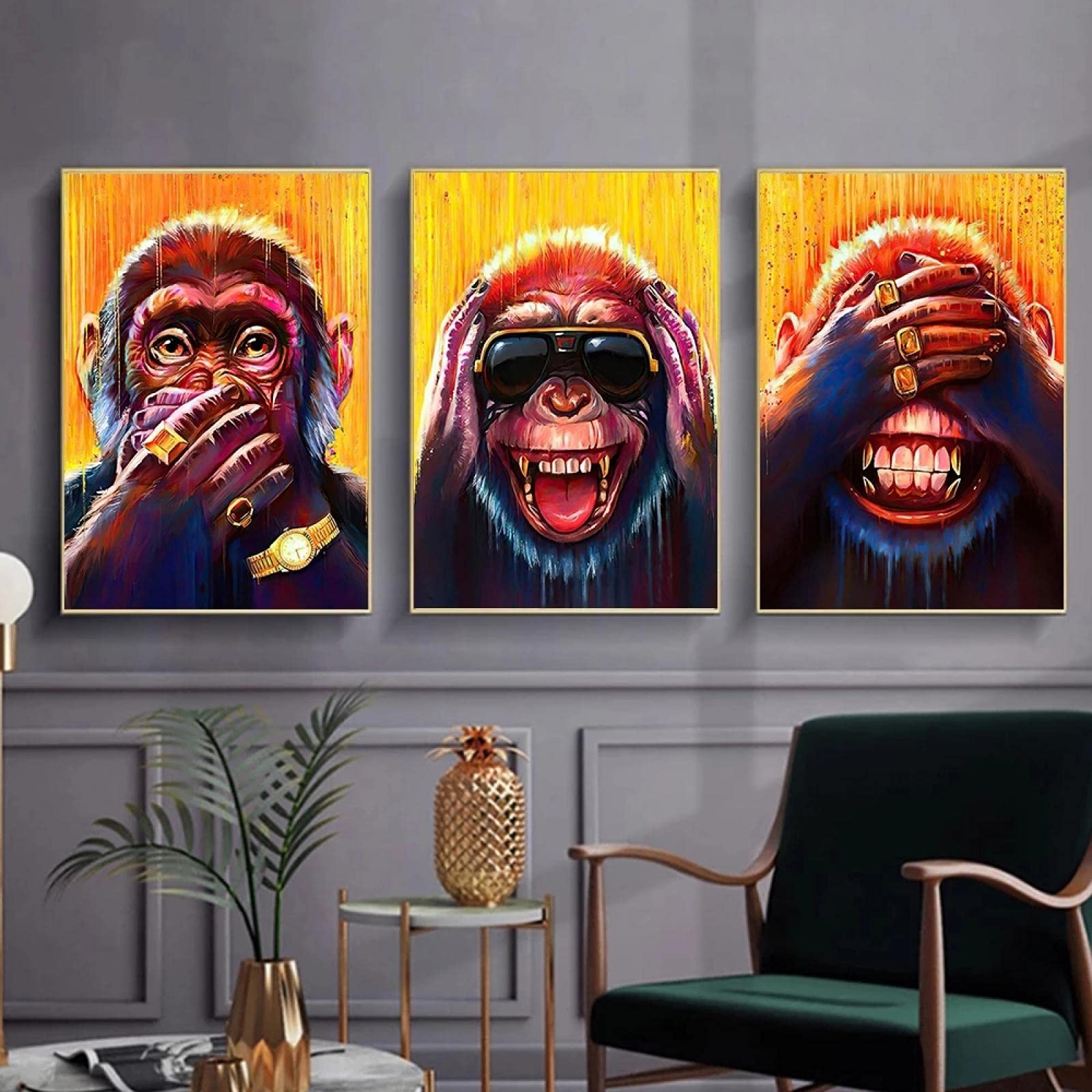 Guying Art Frameless Abstract Funny Monkey Painting On Canvas Posters And Prints Animals Monkey Wall Art Pictures For Living Room Home Decor 60X90cmx3
