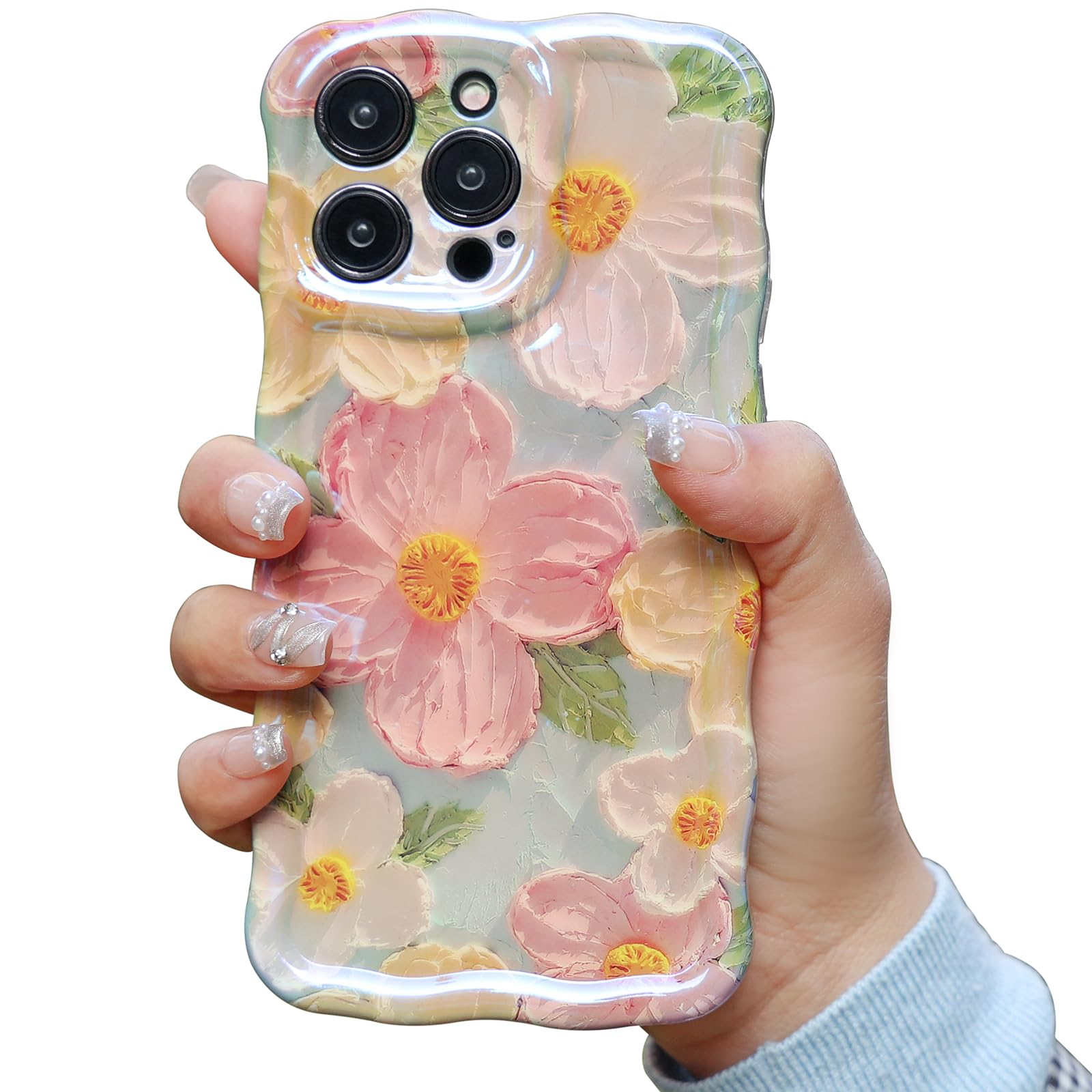 Cute Case for iPhone 14 Pro Max, Colorful Retro Oil Painting Printed Flowers Case, Fashion TPU Laser Beam Glossy Pattern Curly Waves Frame Shockproof Protective Cover for Girls Women