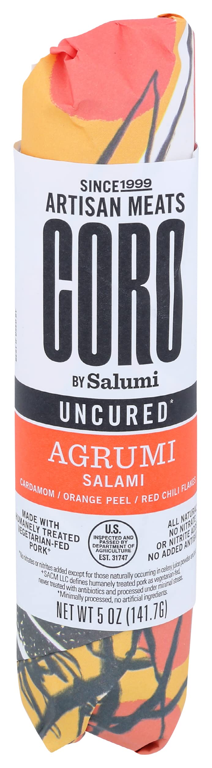 Cardamom & Orange Uncured Artisan Salami Stick – 5oz | Orange Peel, Cardamom & Chili Flakes | Perfect for Charcuterie Boards, Snacking, Holiday Gifts | All Natural, Gluten-Free, No Added Nitrates & Nitrites