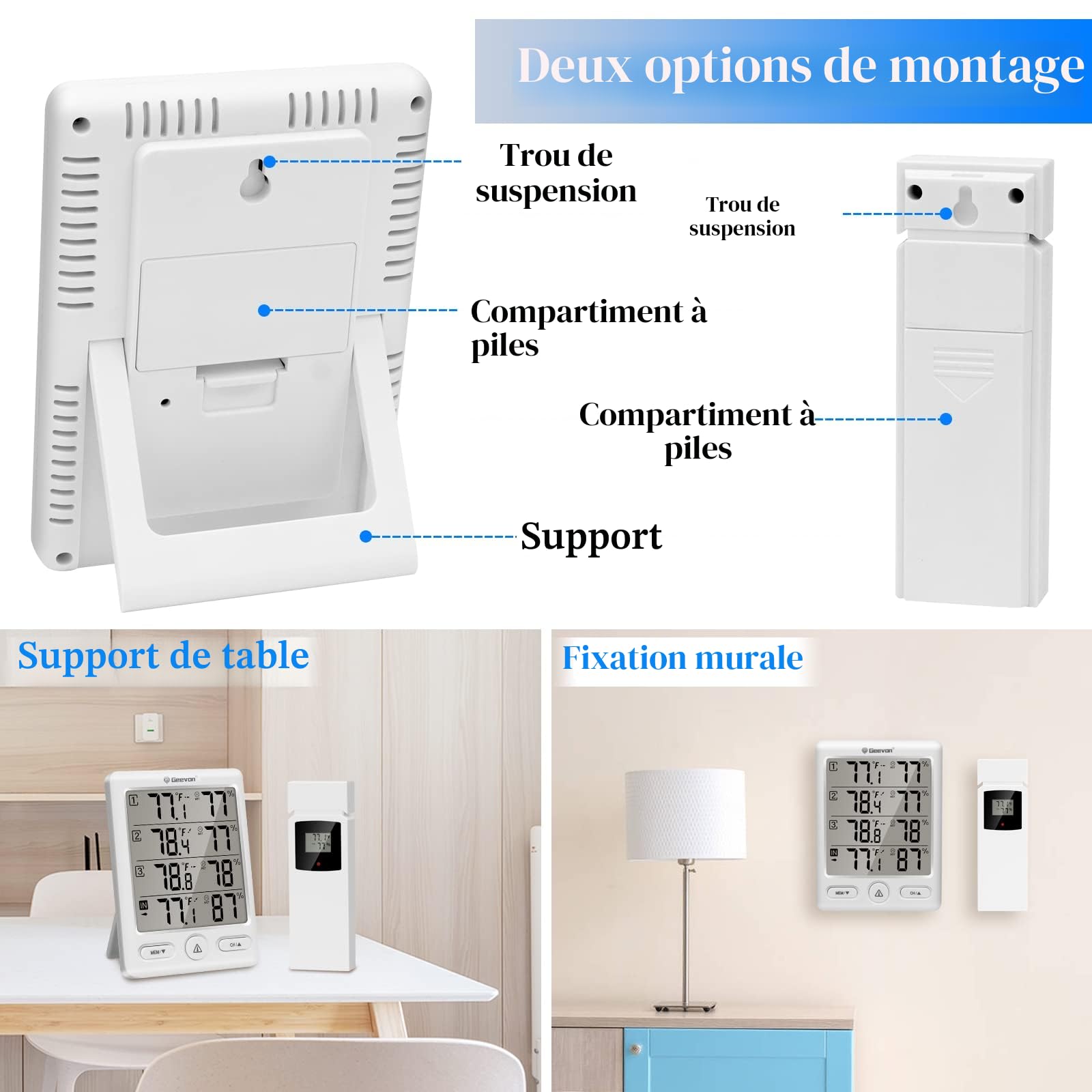 Geevon Thermomètre intérieur extérieur sans fil avec 3 capteurs à distance, hygromètre électronique, jauge de température avec portée de 60m Conditions sans obstruction