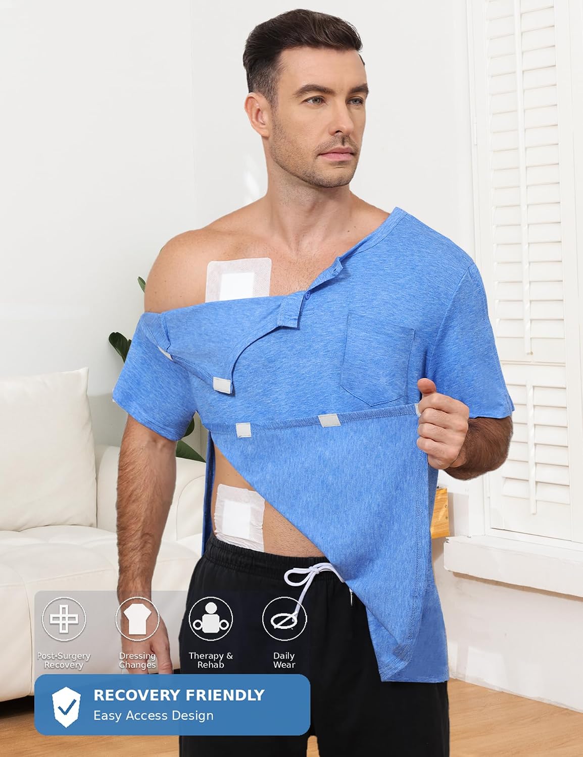 Hook-and-Loop Shoulder Surgery Shirt for Men Tear Away Recovery | Surgery recovery shirt with lightweight hook-and-loop tear away design for rotator cuff, sling, hospital and home care