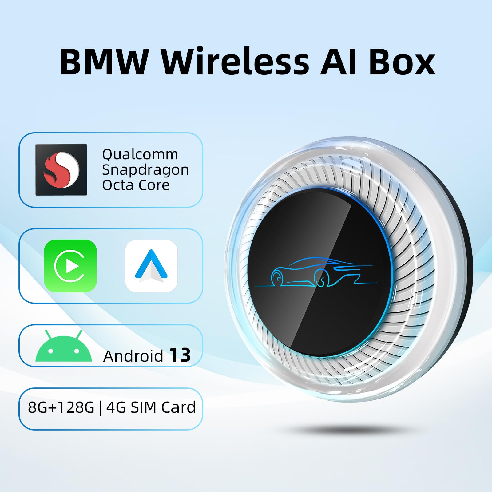 Multimedia wireless per BMW e altri con CarPlay/Android Auto | Android 13 8GB+128GB doppio WiFi 4G+HDMI Qualcomm 6125 GMS Google Play GPS GLONASS Beidou e navigazione in tempo reale