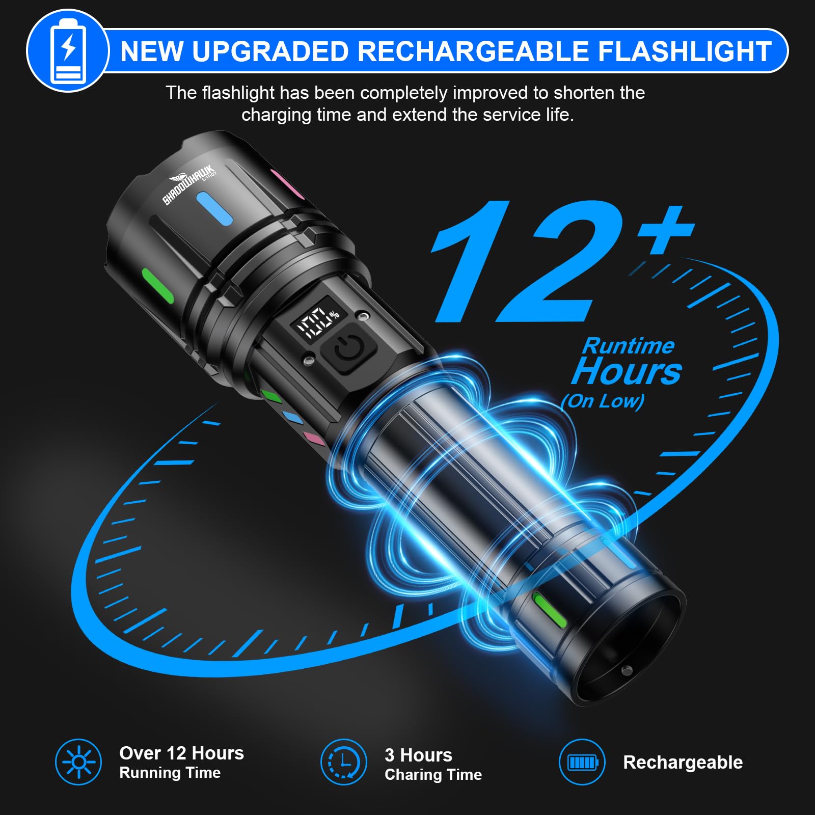Shadowhawk Lampe torche LED super lumineuse rechargeable – 30 W 500 000 lumens lampe torche puissante avec écran LCD XHM90.2 Shadowhawk Lampe torche LED super lumineuse rechargeable – 30 W 500 000 lumens lampe torche puissante avec écran LCD XHM90.2