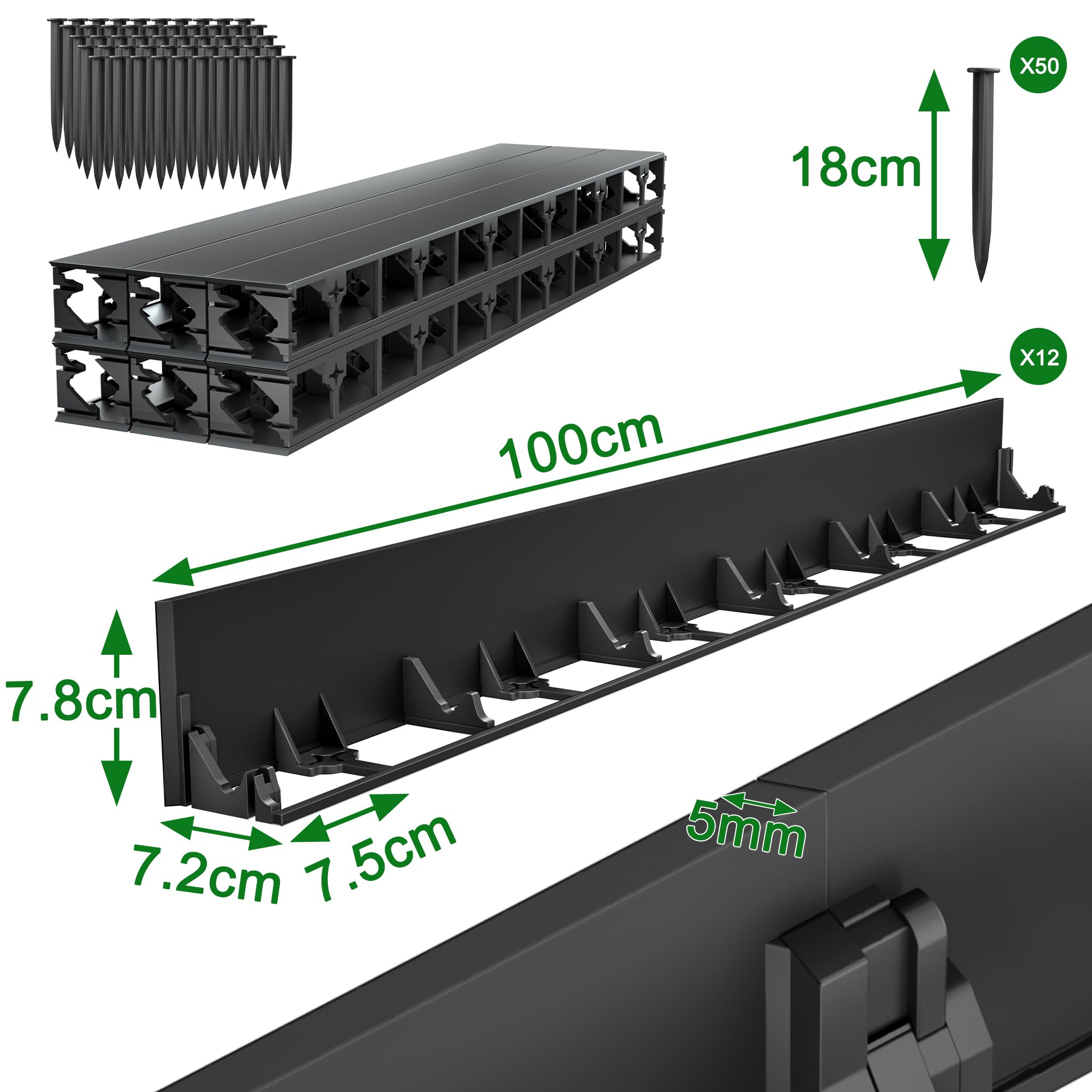 Aufun Flexible Rasenkante Kunststoff 24M Pflasterkante Beeteinfassung mit 100 Erdanker 78mm Schwarz