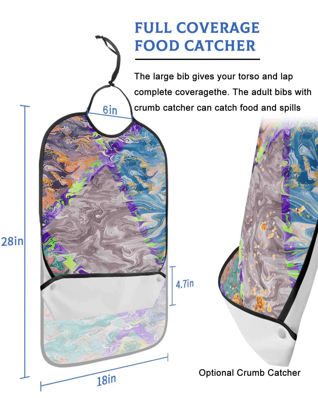 Onekaccu Marble Grey Blue Orange Green Teal Abstract Art Adult Bibs for Elderly Women Men Washable Bibs for Eating, Waterproof Clothing Protectors Adult Bibs with Crumb Catcher