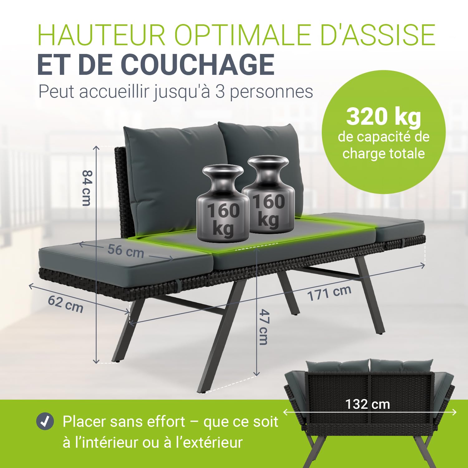 Juskys® Banc Multifonctions Calvia Noir/Gris - transat Pliable en polyrotin résistant, Banc Jardin Charge 240 kg