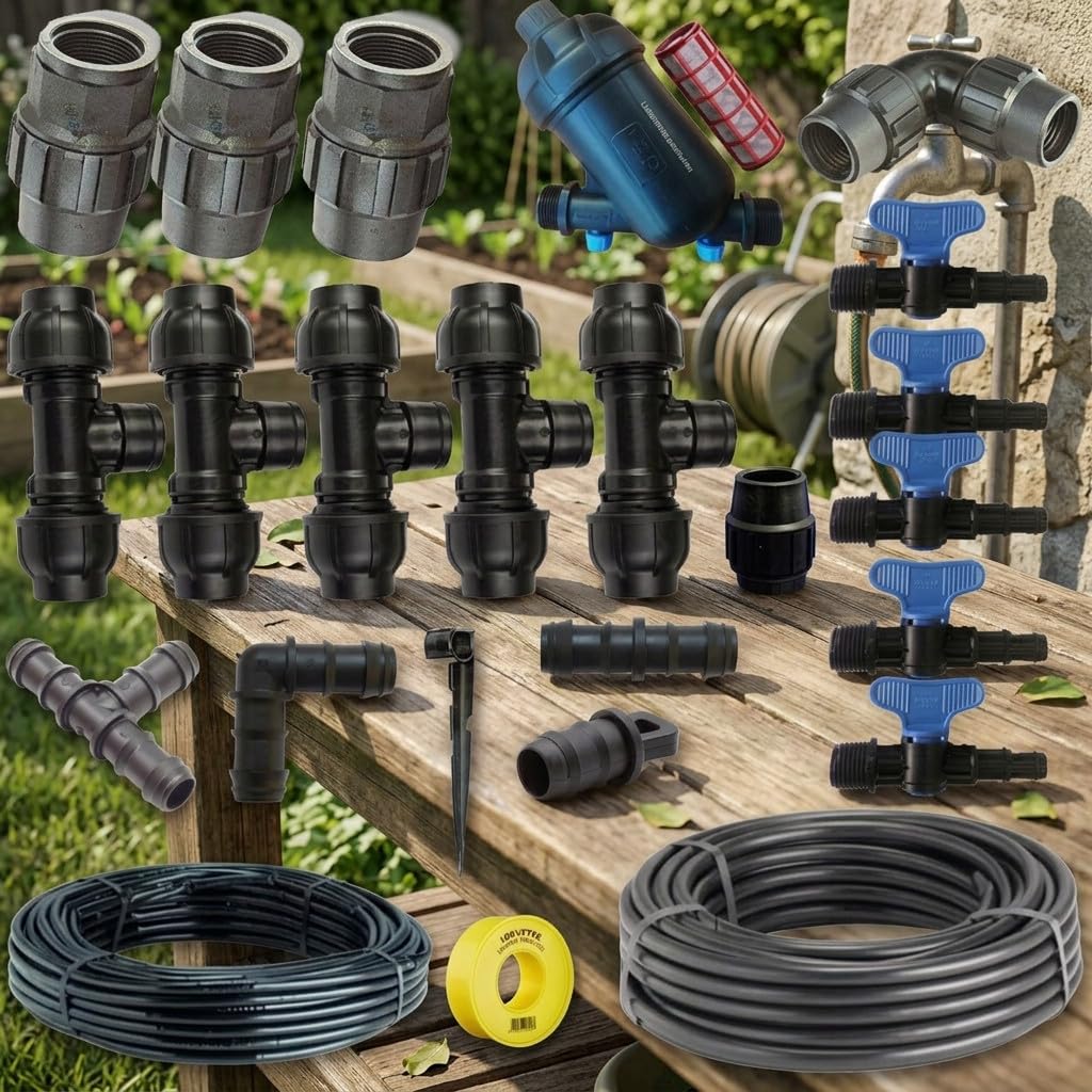 Suinga Pack Riego por Goteo para Jardin hasta 100 m² | Incluye Tuberia y Accesorios de Instalacion | Conexion a Grifo | Sistema Eficiente de Riego para Ahorro de Agua y Facil Uso en Jardin
