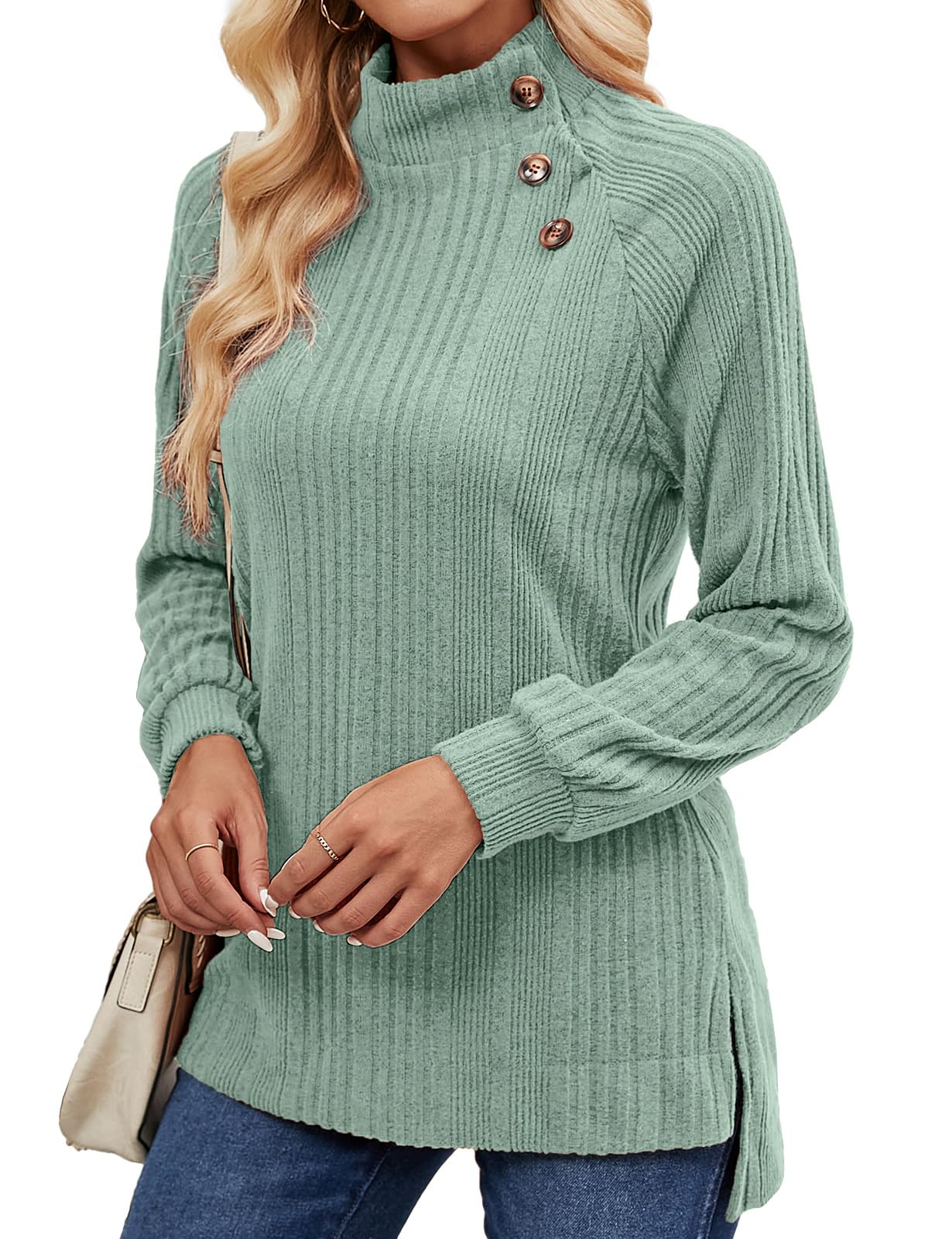 LURANEE Womens Long Sleeve Tunic Tops Turtle Neck Sweater Light High Low Side Split Sweatshirt