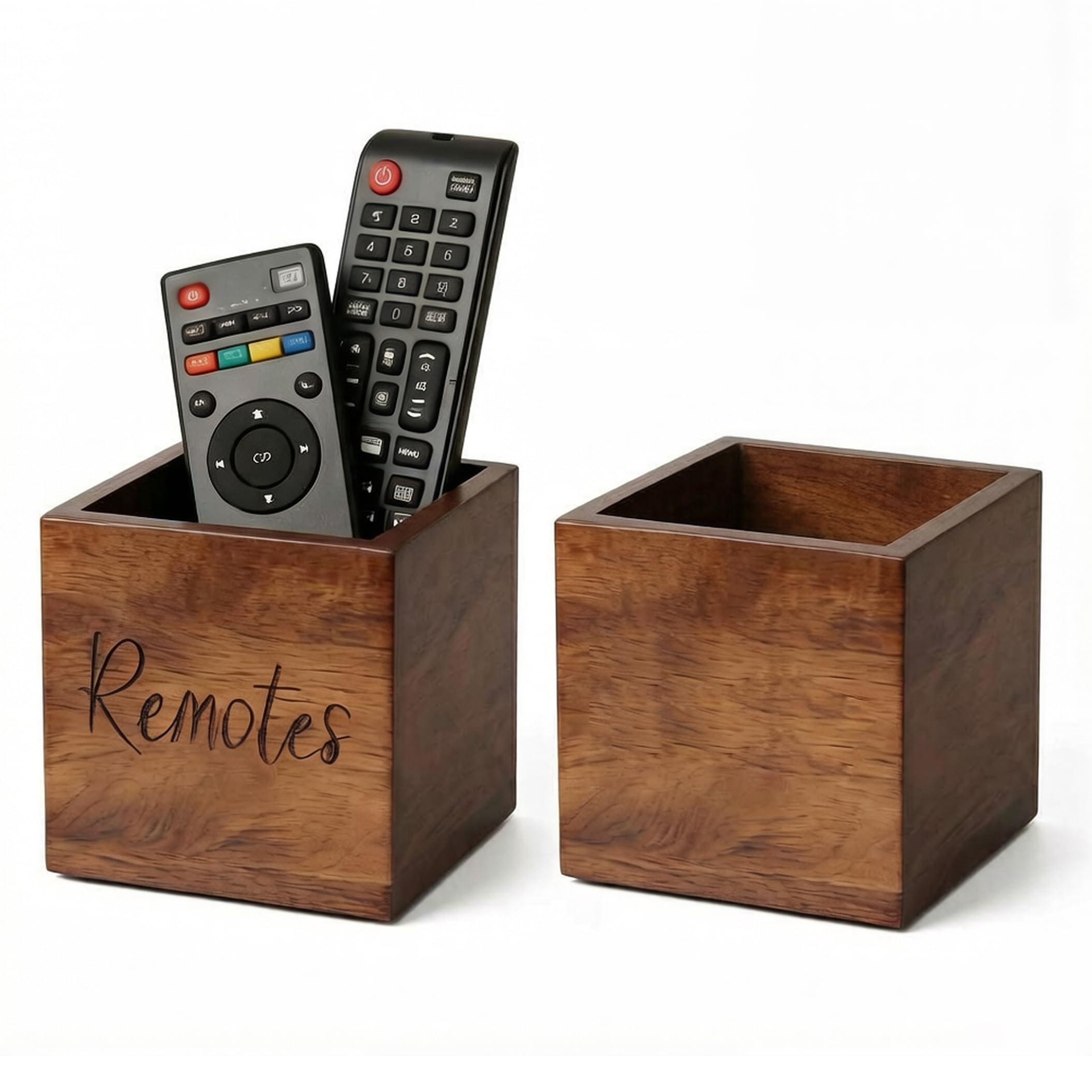 Neptuiby Remote Control Holder, 2PCS Wooden TV Remote Holder with Wide Opening Square Wood Storag Box for Home, Office, Dorm Desk, 3.5inch.