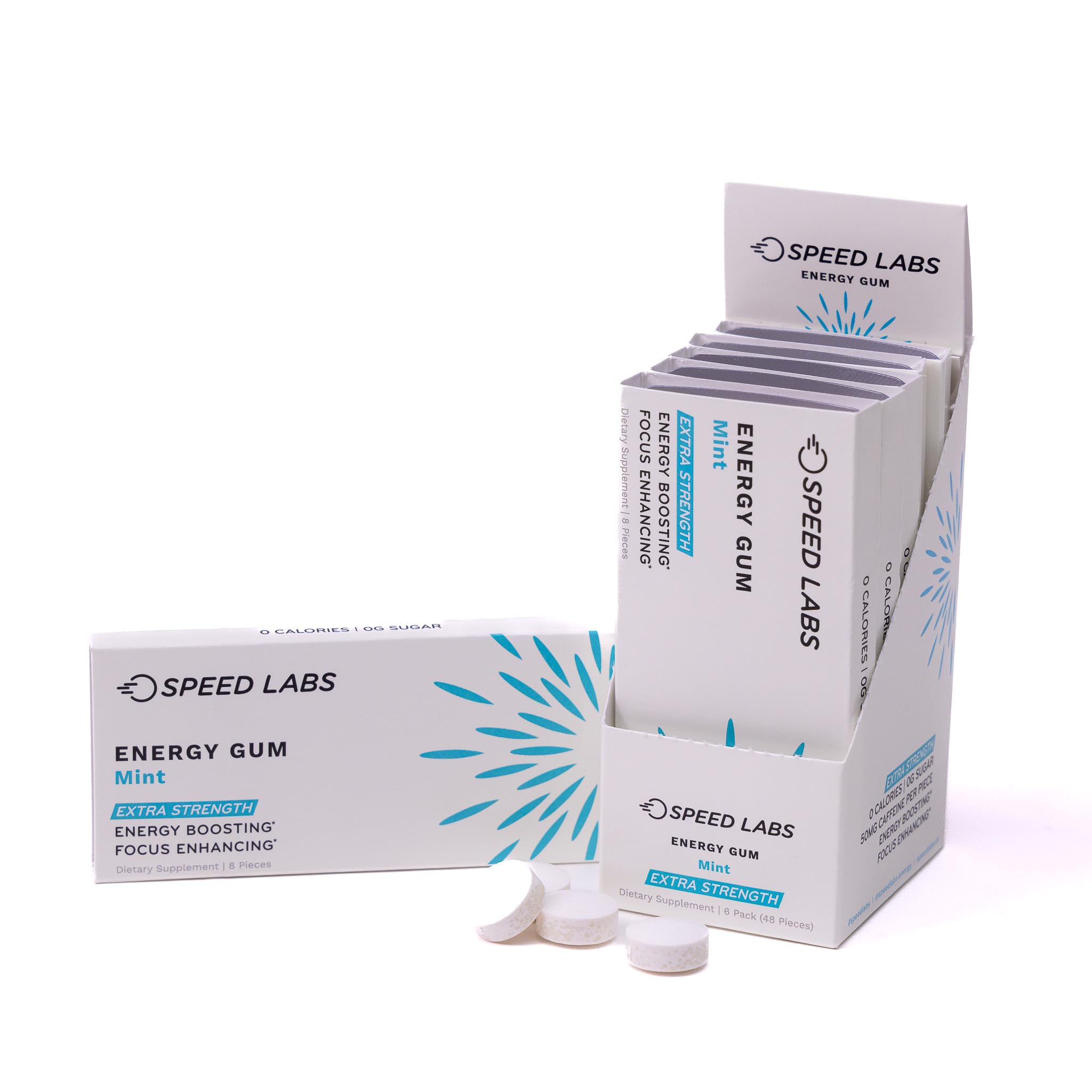 Speed Labs Mint Extra Strength Caffeine Chewing Gum 50mg Caffeine, Taurine, & B Vitamins Per Piece, 48 Pieces (6 Packs of 8 Pieces) Sugar Free, Zero Calorie, No Aspartame, Gluten Free