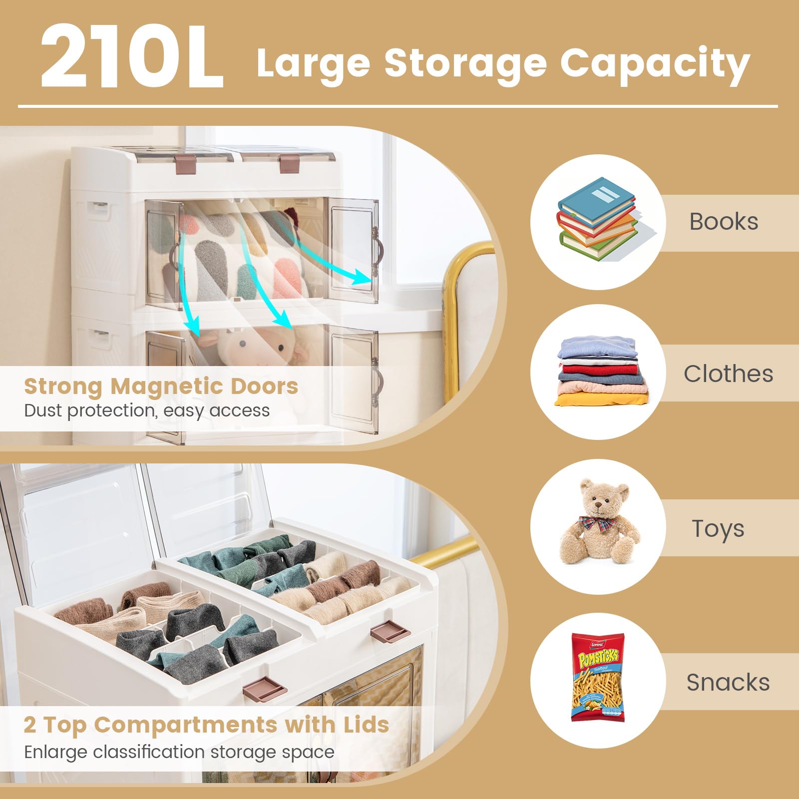 GIANTEX Contenedor Plástico de Almacenamiento 210 L, Caja Apilables con Tapa y Ruedas, Carrito de Almacenaje con 4 Cubos Apilables, Caja Organizador para Salón, Dormitorio (4 Niveles)