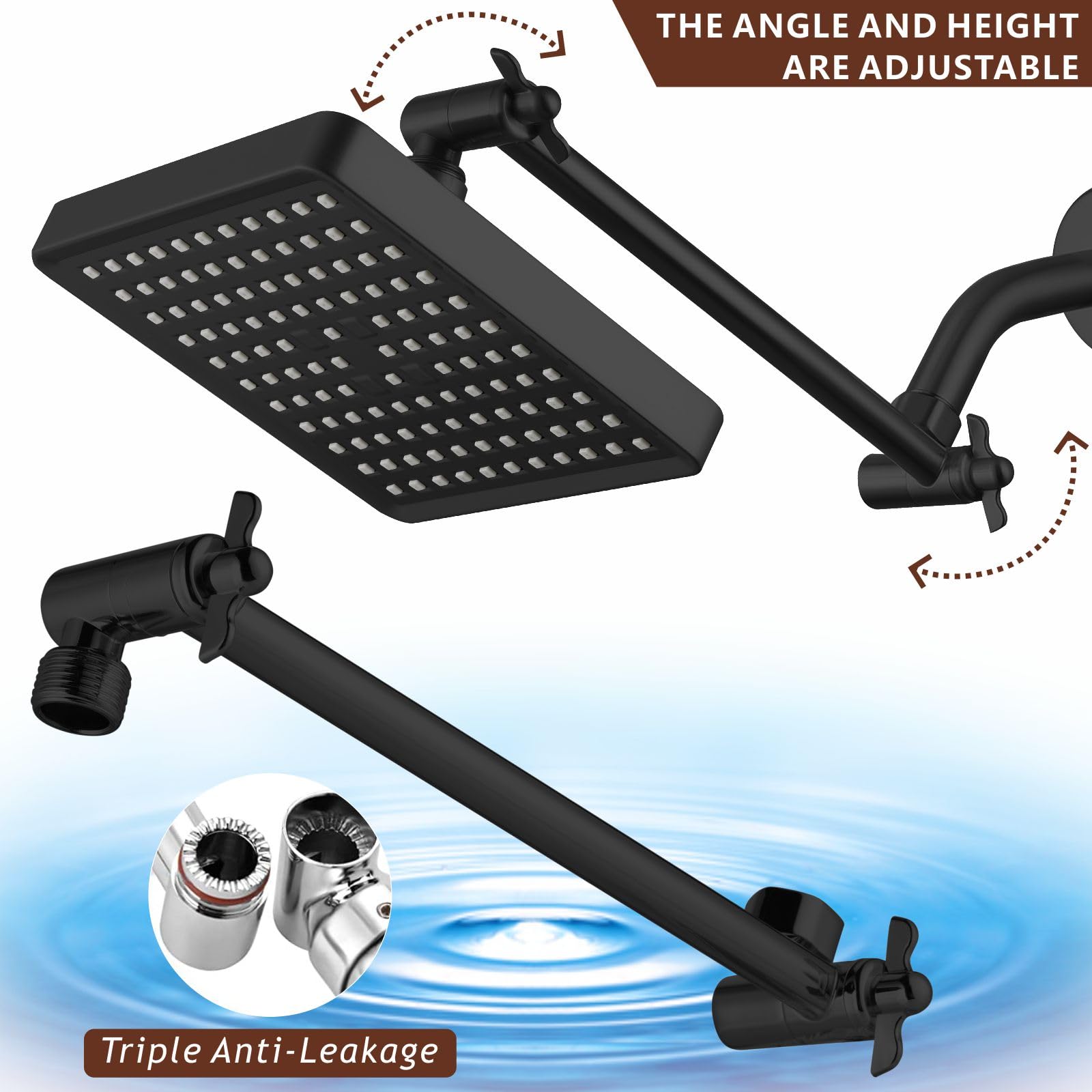 Nuodan High Pressure Rain Shower Head with 11'' Extension Arm - High Flow Square Rainfall Showerhead - Luxury Modern Look - Pressure Boosting (Matte Black)