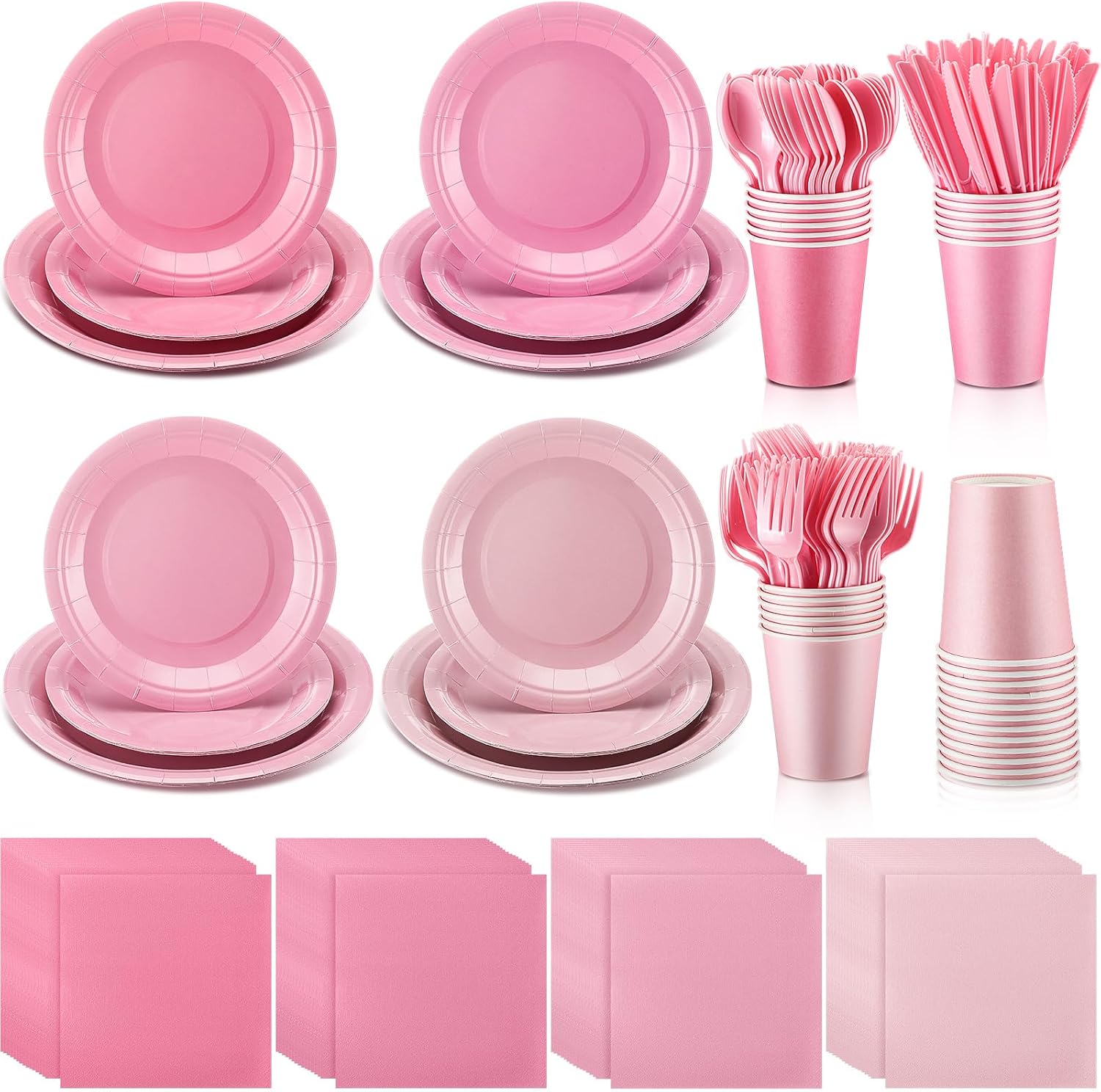 Nuogo 336 Pcs Pink Party Supplies Set Pink Paper Plates Napkins Cups Plastic Spoons Forks Knives Disposable Dinnerware for Birthday Baby Shower Wedding