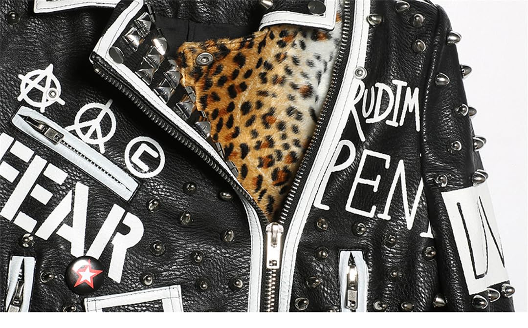Amazon.co.jp: Women Leather Jacket Heavy Rivet Leopard Print Short 