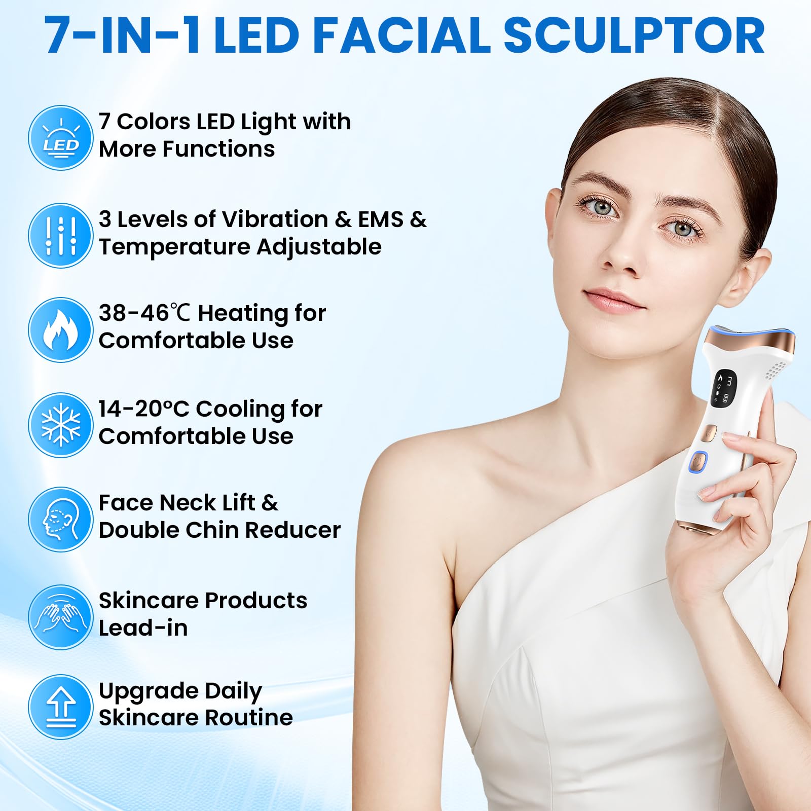PKBD Appareil de Massage Facial Électrique – Soin Anti-Âge anti-rides et anti-double menton, Technologie chaude 45°C et froide 15°C, 4 modes, lumière LED multicolore