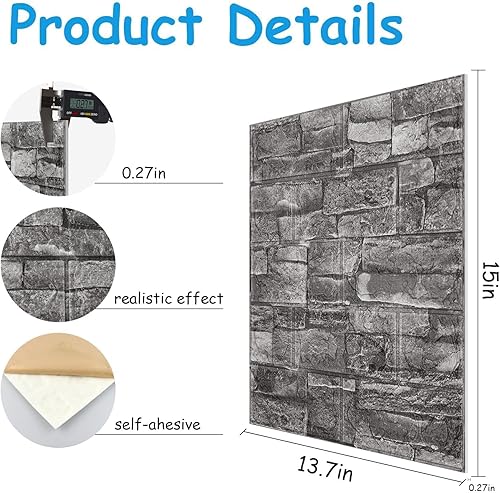 Miniatura 2 de Paneles de pared 3D para despegar y pegar en piedra negra y gris, 10 piezas de papel tapiz 3D de espuma XPE, paneles de pared de ladrillo sintético