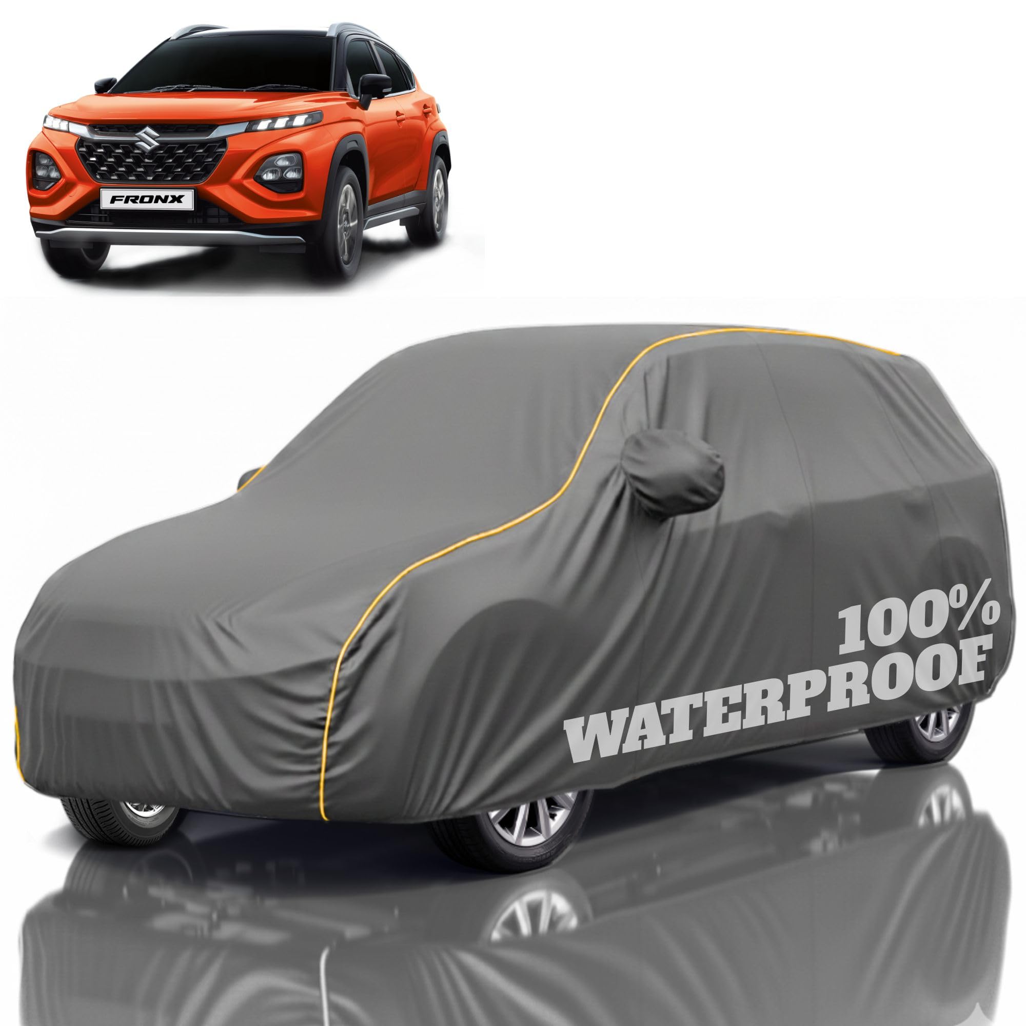 Premium Polyester Car Cover Fronx All-Weather Protection from Rain, Dust &amp; Sun | UV Resistant Fabric | Full Body Secure Fit for Outdoor &amp; Indoor Parking Grey
